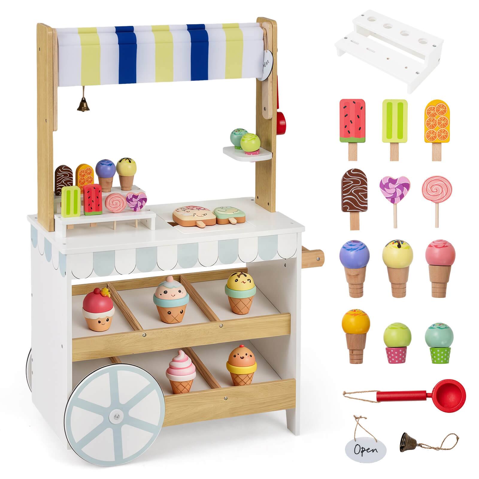Front. Costway - Costway Wooden Ice Cream Cart for Kids 2-in-1 Grocery Store Playset with Display Shelves - Multicolour.