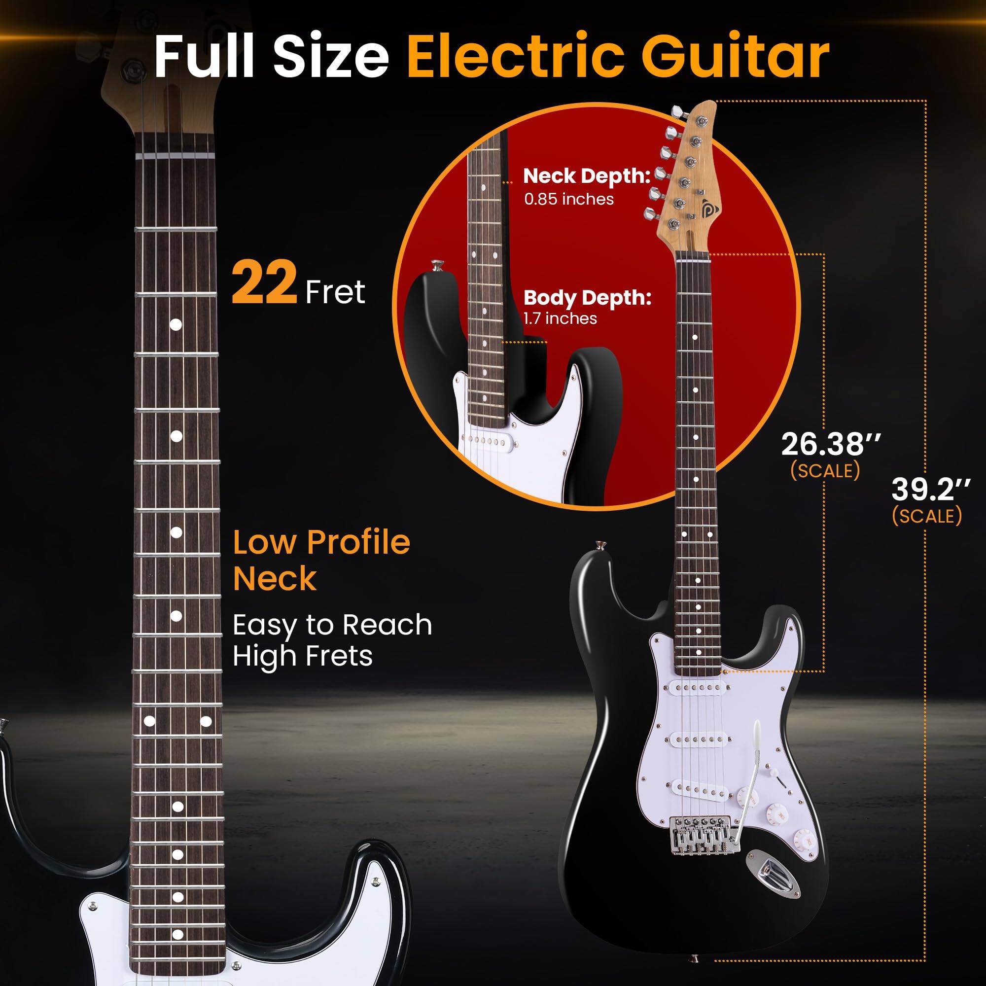 Full Size Electric Guitar  
Neck Depth: 0.85 inches  
Body Depth: 1.7 inches  
22 Fret  
Low Profile Neck  
Easy to Reach High Frets  
Scale Length: 26.38"  
Scale Length: 39.2"