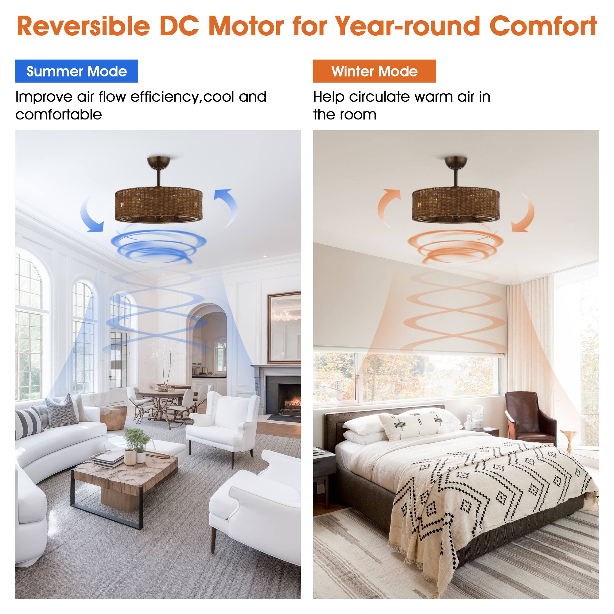 Reversible DC Motor for Year-round Comfort

Summer Mode  
Improve air flow efficiency, cool and comfortable

Winter Mode  
Help circulate warm air in the room