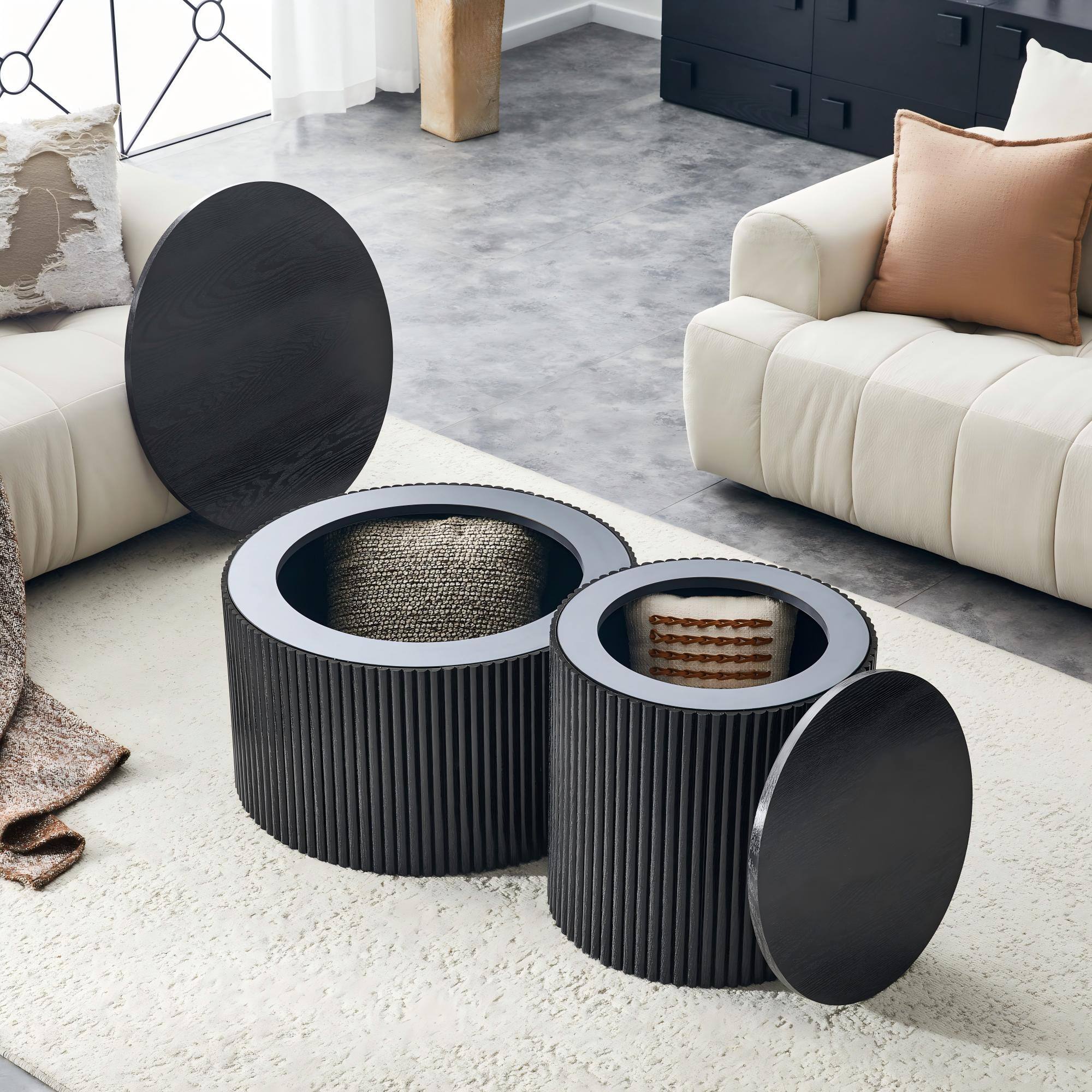 Alt View 4. Loheer - Loheer- 2.6ft Black Nesting Coffee Table Set Roman Column Round Storage Side Tables for Living Room - Black Woodgrain.