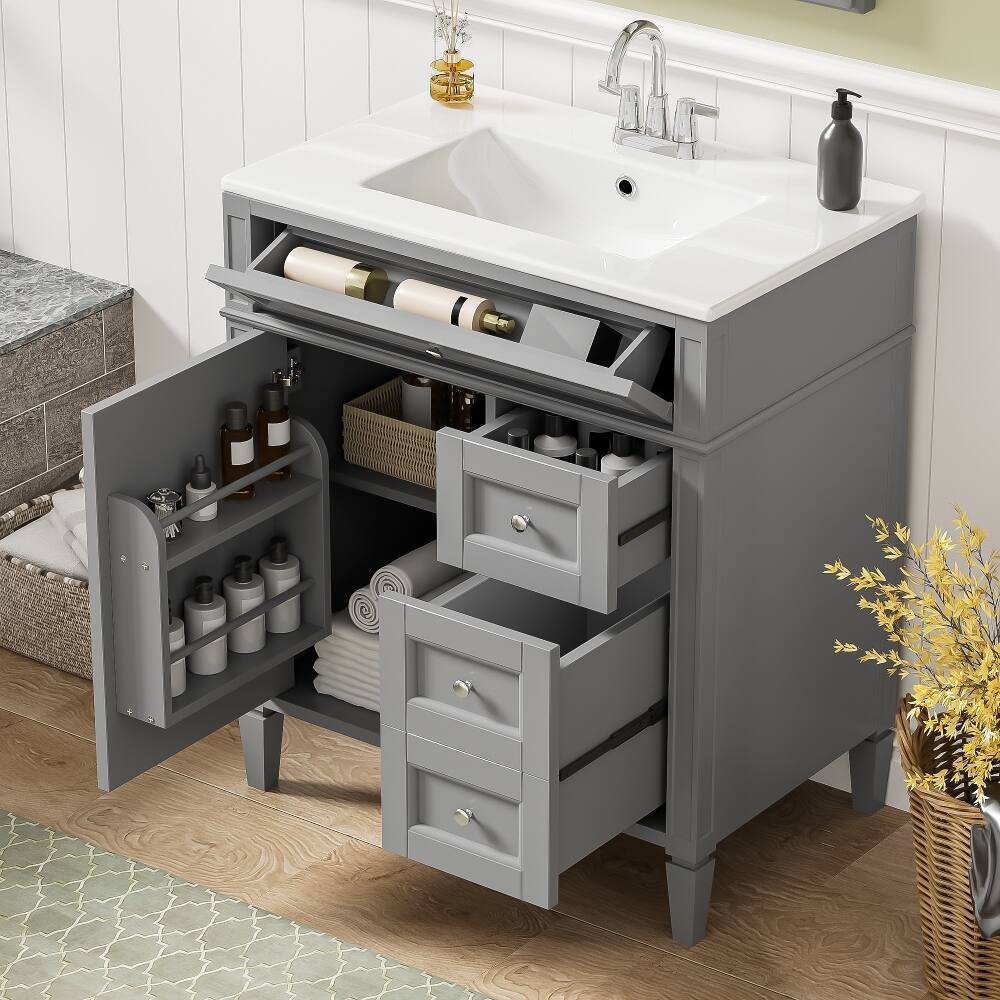 Left. Loheer - 30 inch Bathroom Vanity with Sink, Grey Single Sink Bathroom Vanity with 2 Drawers and Tip-out Drawer - Grey.