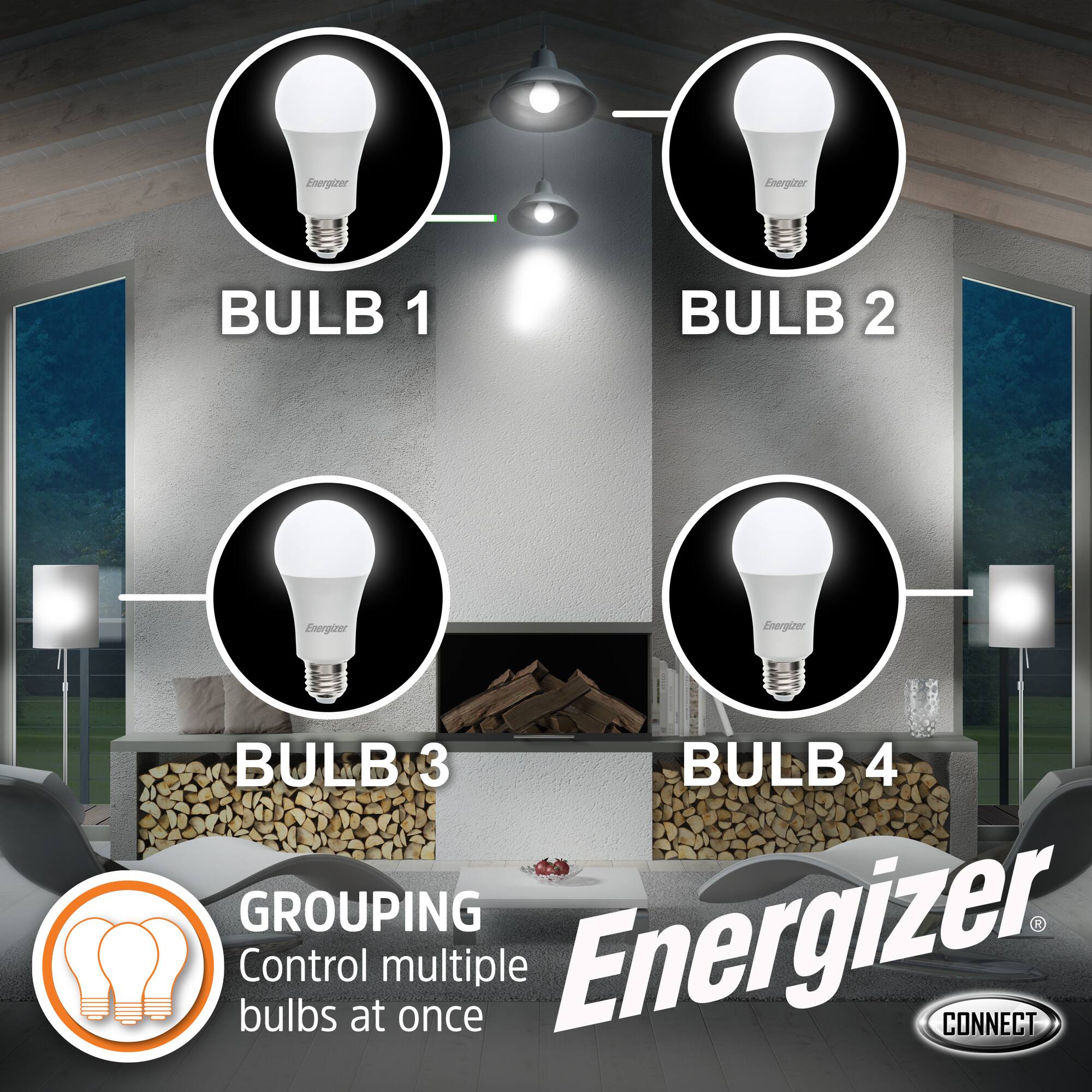 Energizer

BULB 1  
BULB 2  
BULB 3  
BULB 4  

GROUPING  
Control multiple bulbs at once  

Energizer CONNECT