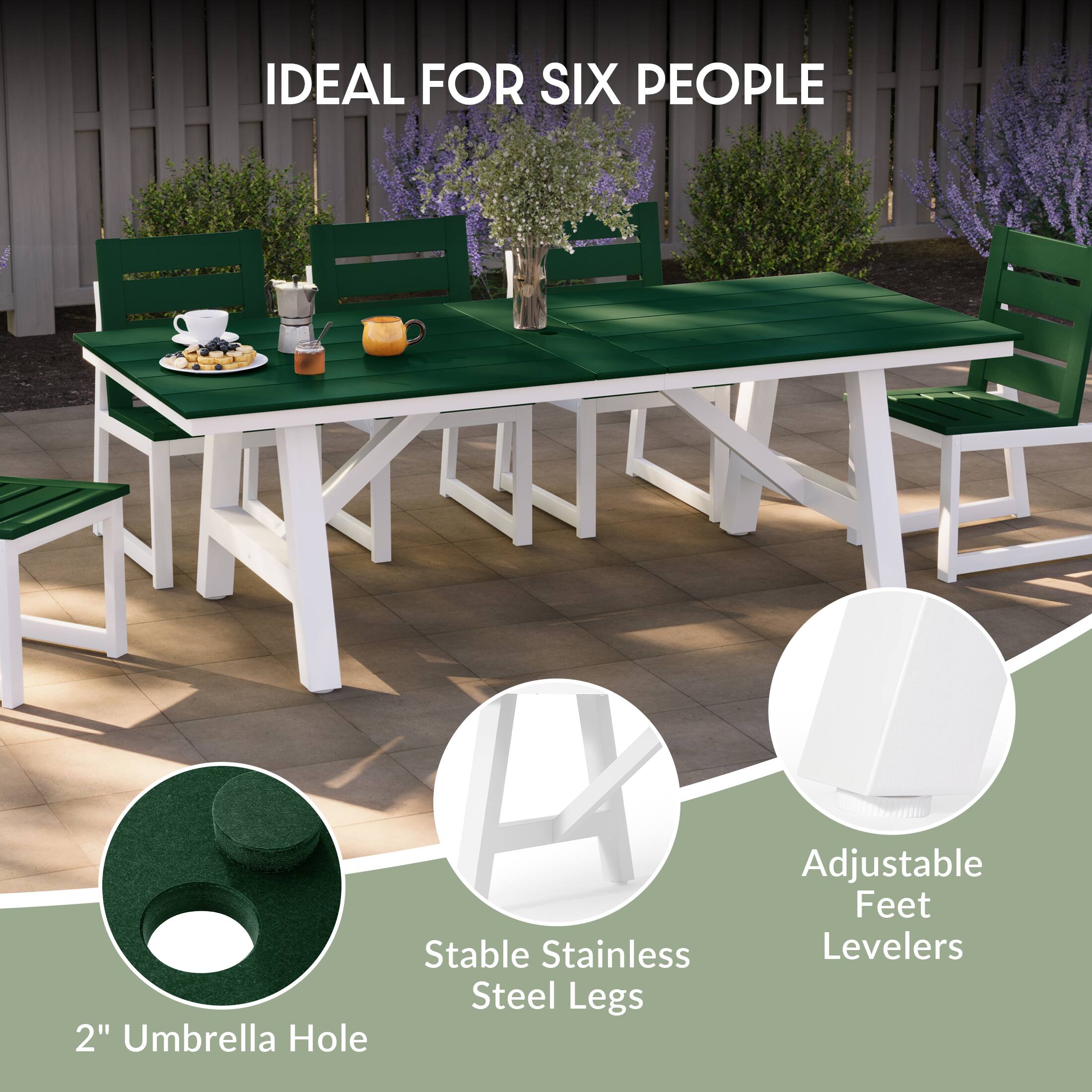 IDEAL FOR SIX PEOPLE

2" Umbrella Hole

Stable Stainless Steel Legs

Adjustable Feet Levelers