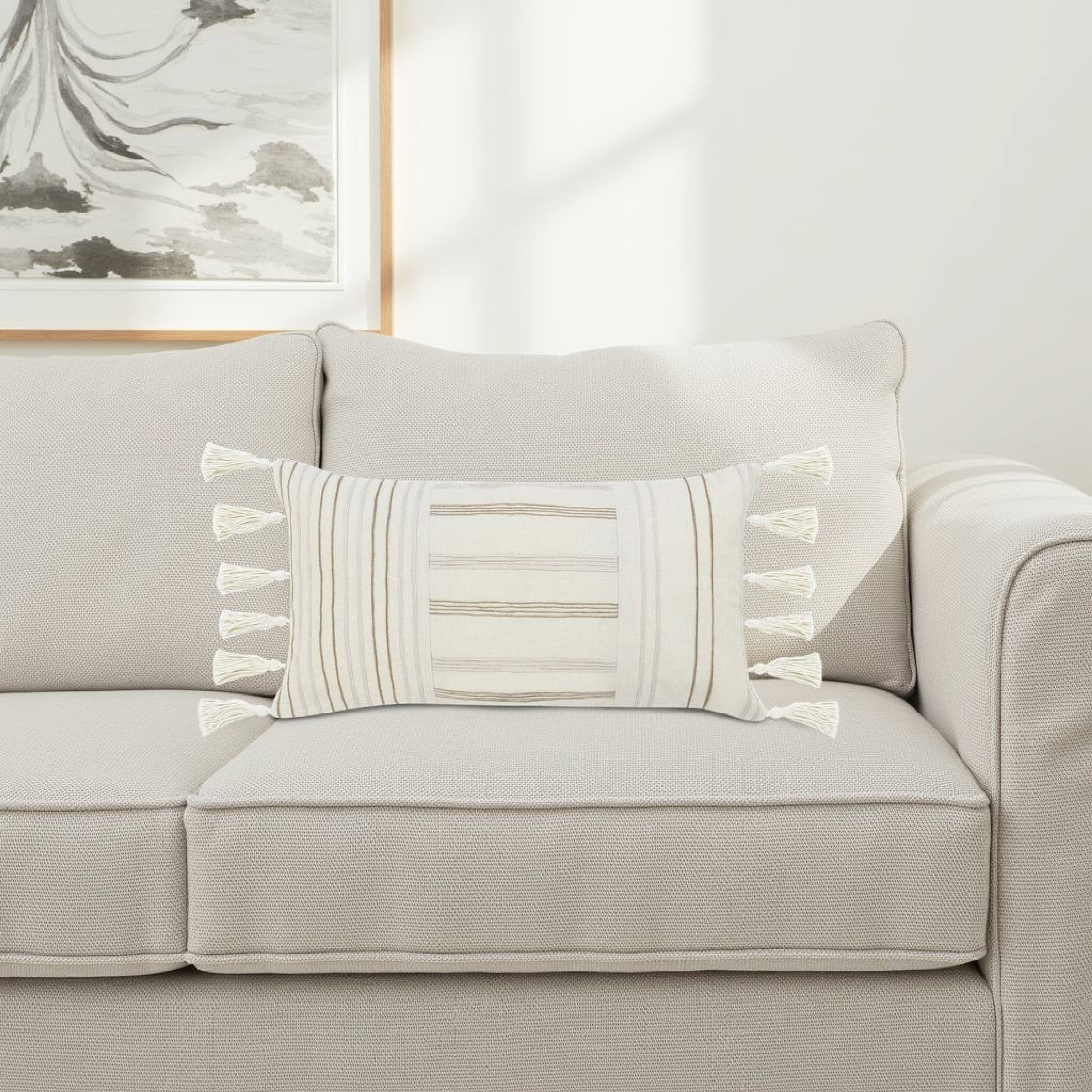 Alt View 2. Manhattan Lane - Pini Lumbar Throw Pillow, Boho Striped Design, 14x26 Inch  Linen - Beige.