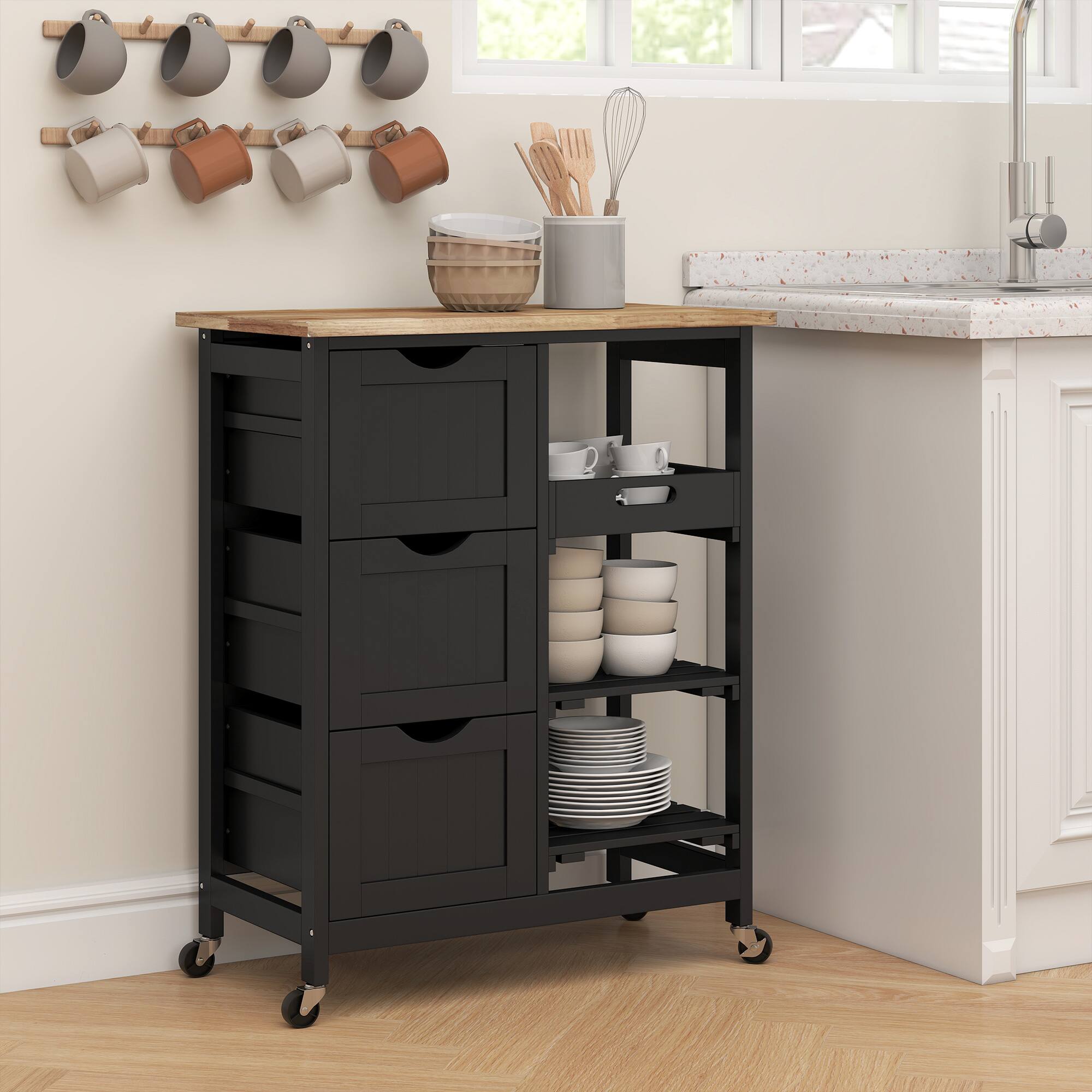 Alt View 7. Homcom - Kitchen Cart, Kitchen Island with Wood Top - Black.