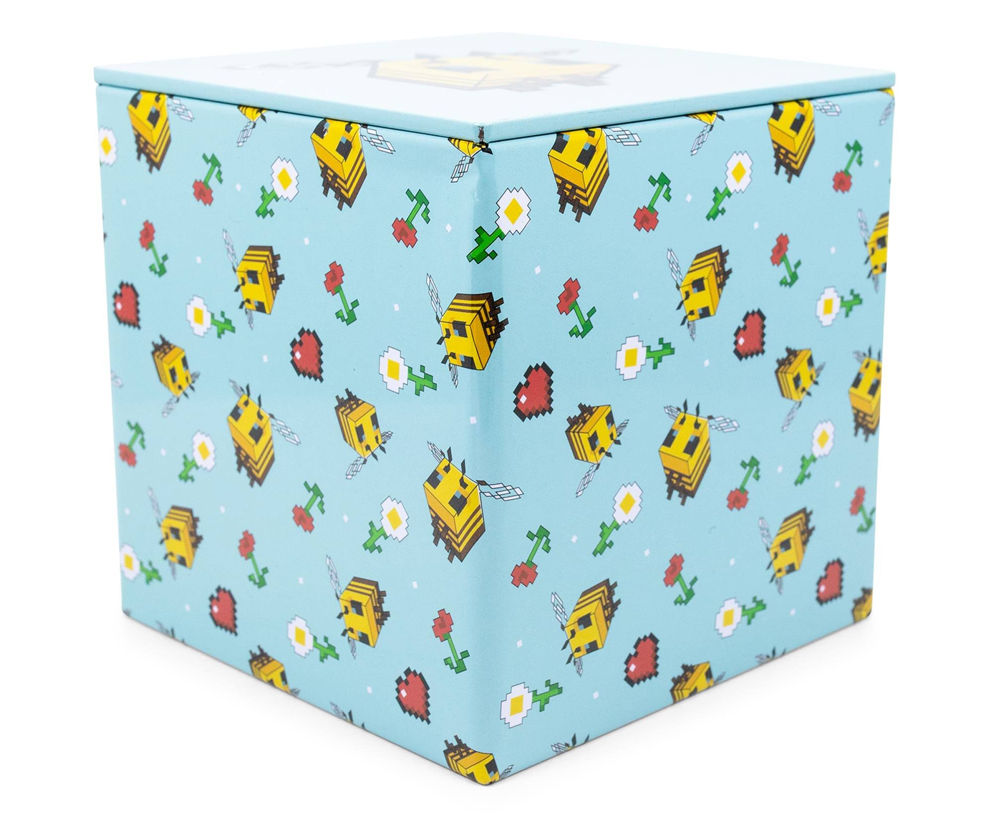 Front. Ukonic - Minecraft Bee Pattern Tin Storage Box Cube Organizer with Lid | 4 Inches - Yellow.