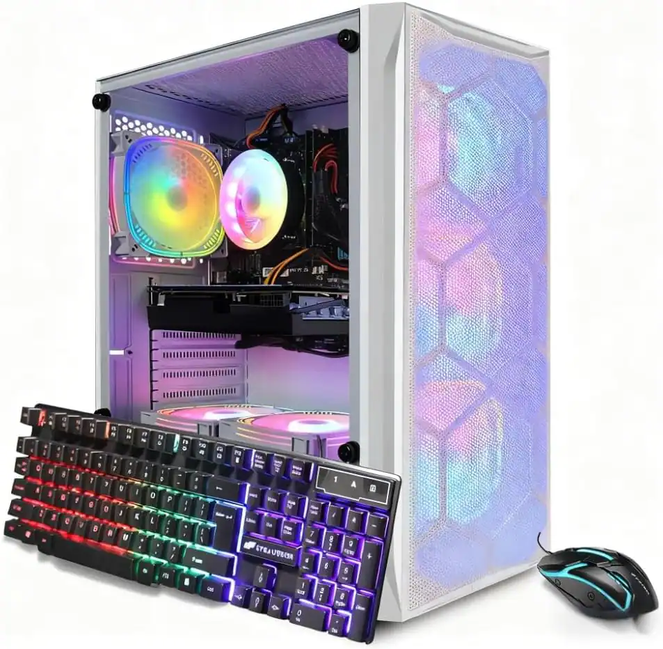 STGAubron - Gaming PC, Intel Core i7 up to 3.9 GHz, 16G RAM, 512G SSD, GTX 1660 Ti Graphics, RGB Keyboard & Mouse, WIN11H - White