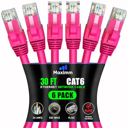 Maximm 30 FT CAT6 Ethernet Network Cable 6 Pack
RoHS Compliant
24 AWG
550 MHz
RJ45
RoHS Verified