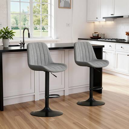 Front. Lirago - 18 Inch Adjustable Height Swivel Bar Stools Set of 2 Soft Knit Fabric Backrest - Grey.