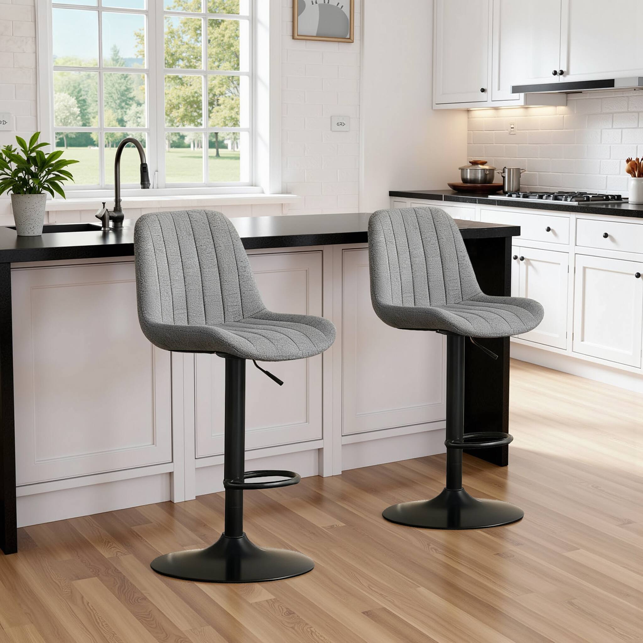 Front. Lirago - 18 Inch Adjustable Height Swivel Bar Stools Set of 2 Soft Knit Fabric Backrest - Grey.
