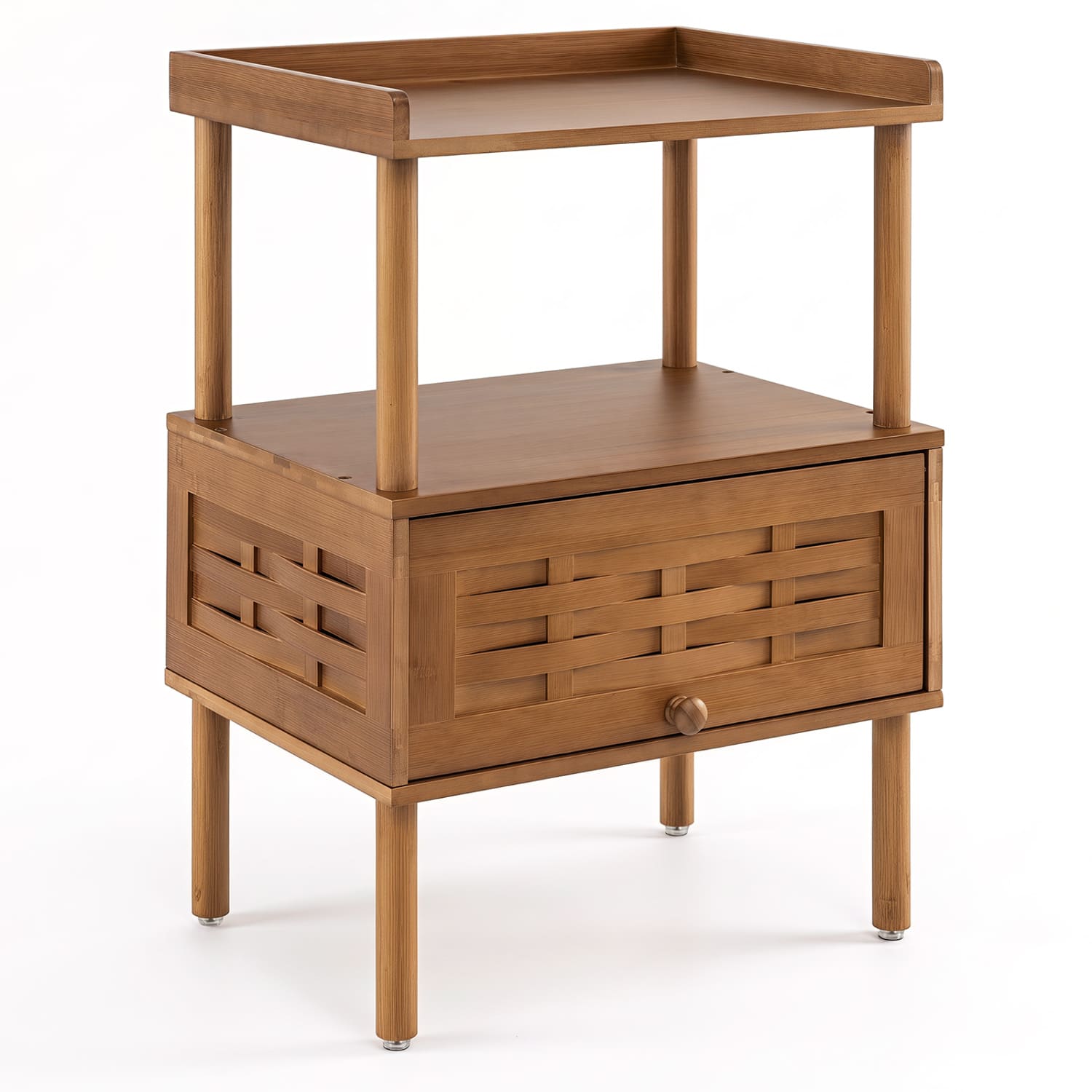 WELLFOR - Bamboo Rattan Nightstand with Raised Edge Flip-Up Door and Open Shelf - Walnut