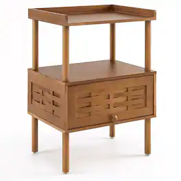 WELLFOR - Bamboo Rattan Nightstand with Raised Edge Flip-Up Door and Open Shelf - Walnut
