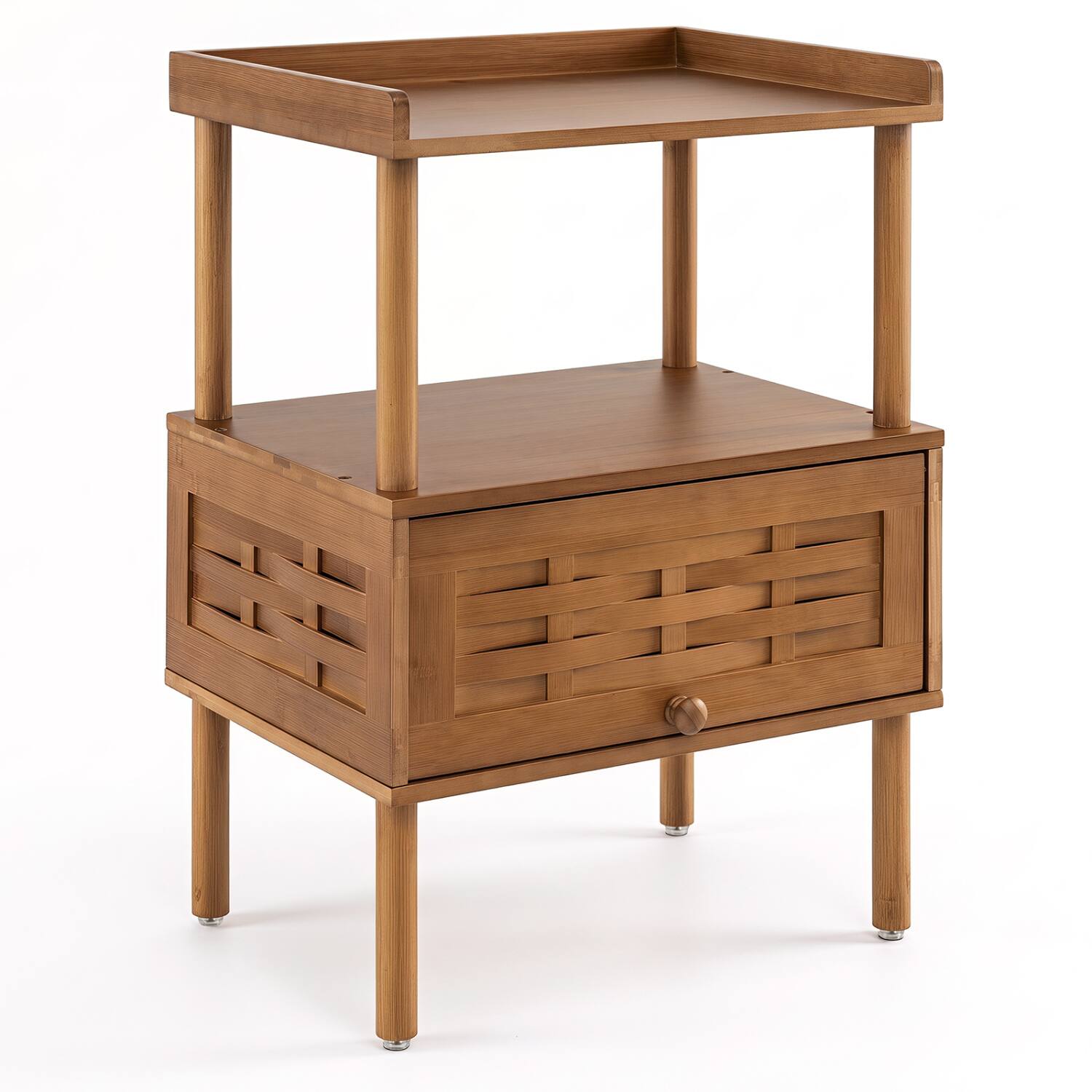 Front. WELLFOR - Bamboo Rattan Nightstand with Raised Edge Flip-Up Door and Open Shelf - Walnut.