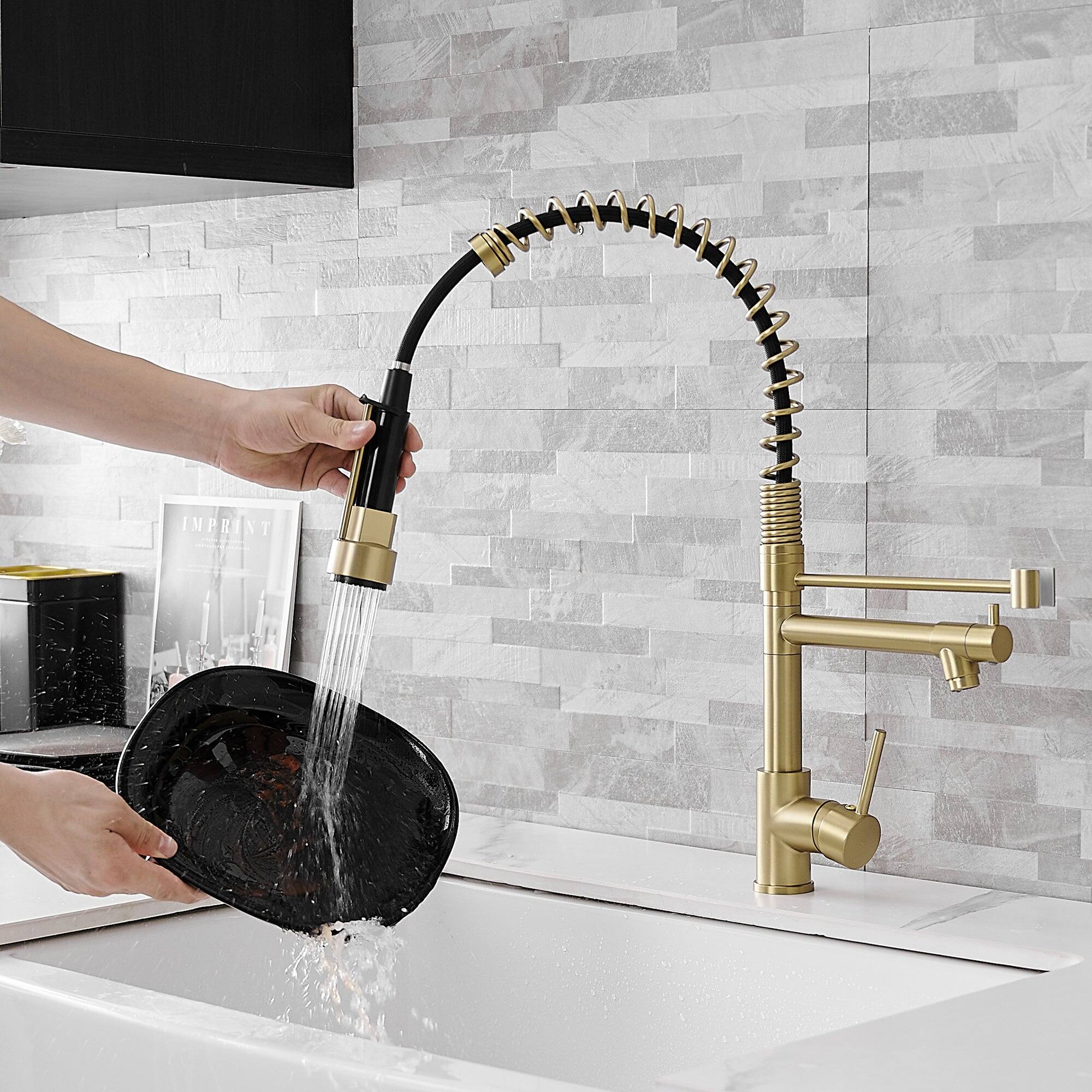 Alt View 5. Boyel Living - Brushed Gold 2 Spray Patterns Single Handle No Sensor Pull Down Sprayer Kitchen Faucet with Pot Filler - Brushed Gold.