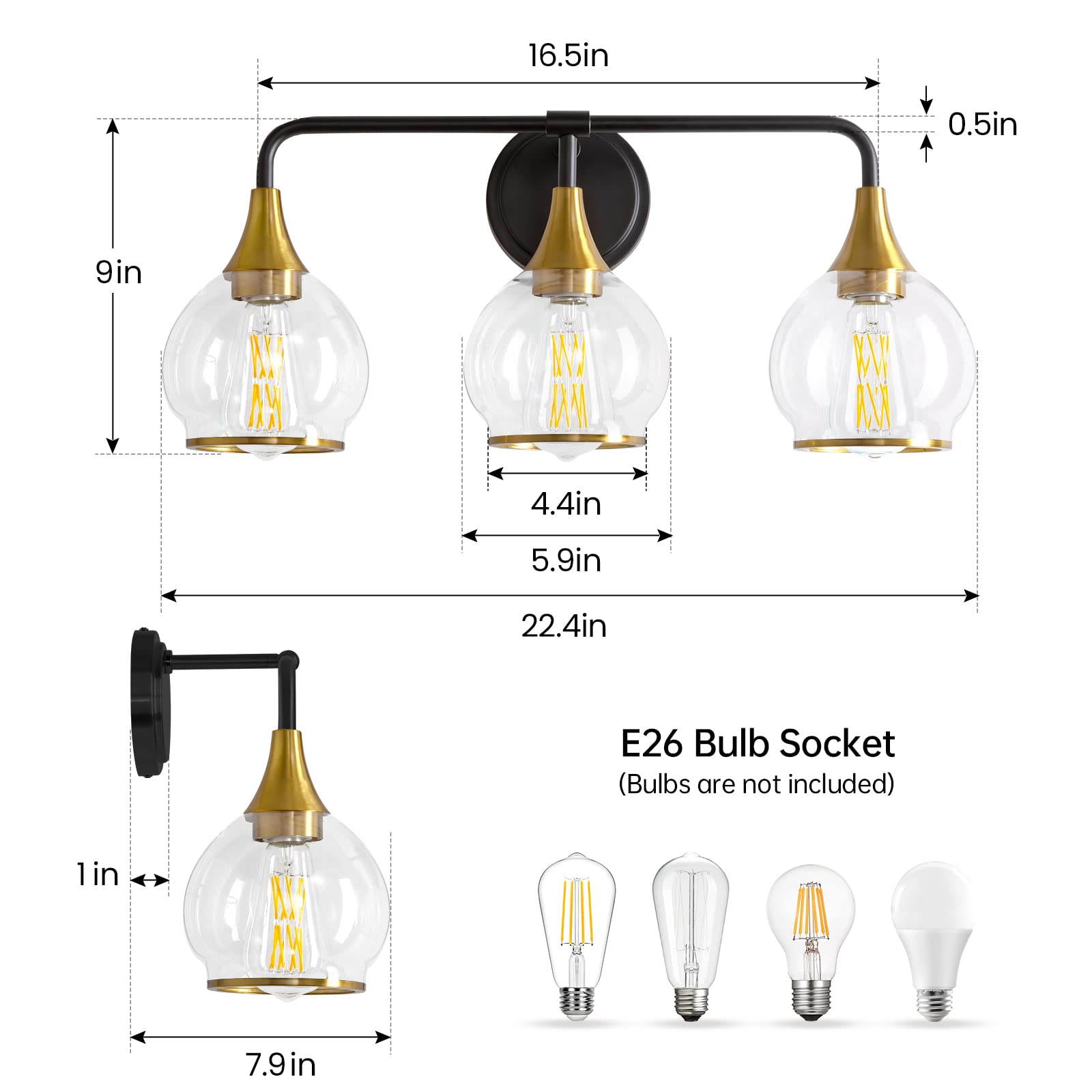 16.5in  
0.5in  
9in  
4.4in  
5.9in  
22.4in  
E26 Bulb Socket (Bulbs are not included)  
1in  
7.9in