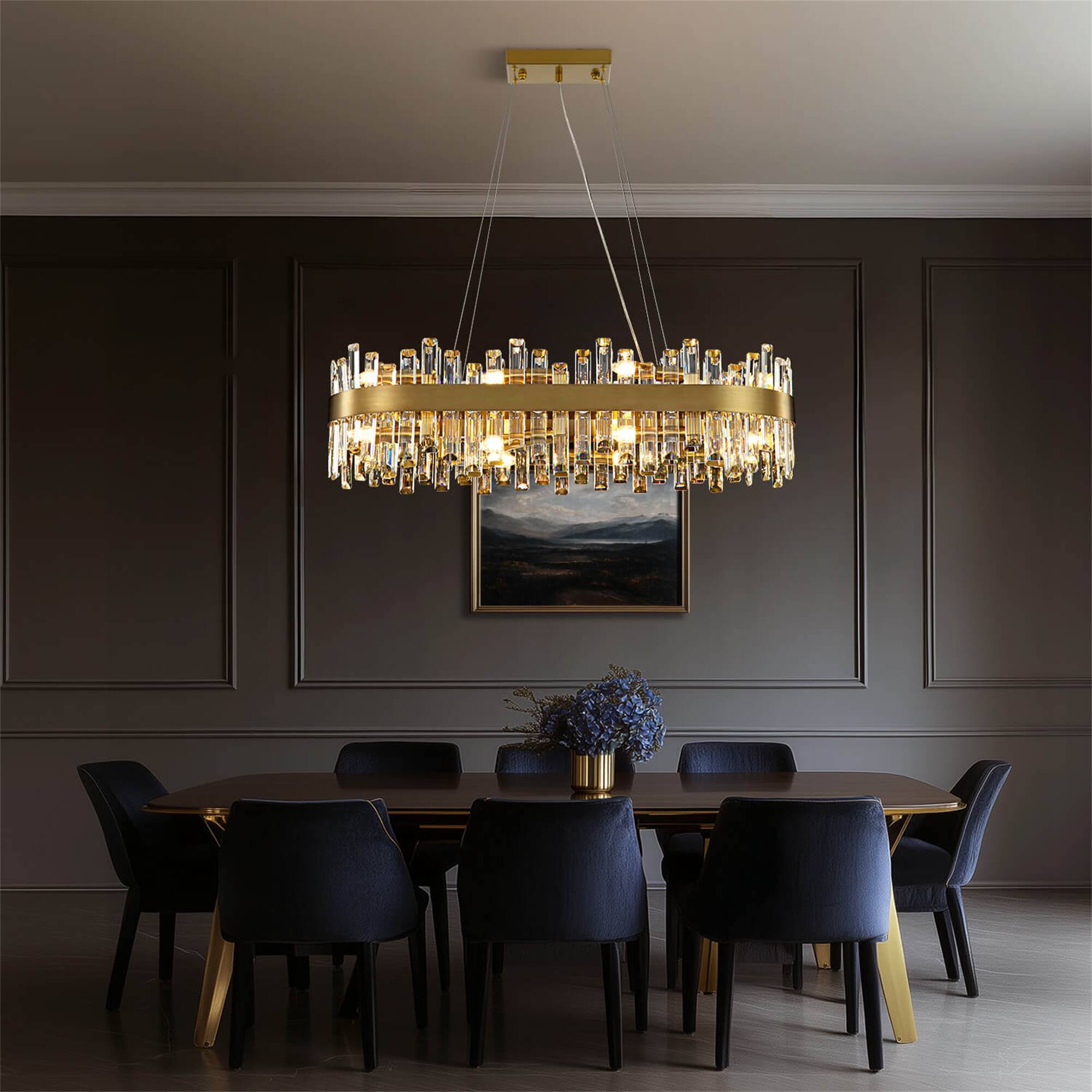 Left. Siljoy - Siljoy 20-Light Brushed Gold Rectangle Chandelier, 52in K9 Crystal Raindrop E12 Pendant for Dining/Living/Kitchen - Gold.