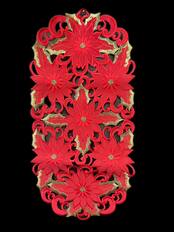 Front. Jiallo - Poinsettia and Green Leaf Embroidered Cutwork Rectangular Table Runner, 13 by 27 inch Table Linen - Red.