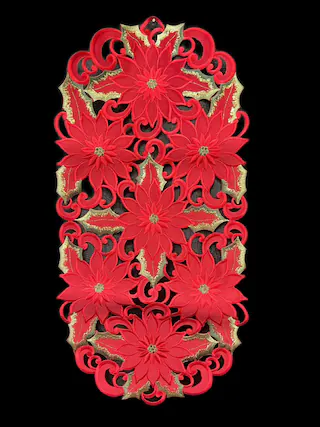Front. Jiallo - Poinsettia and Green Leaf Embroidered Cutwork Rectangular Table Runner, 13 by 27 inch Table Linen - Red.