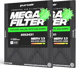 PuroAir - 20x24x1 HVAC Mega Filter MERV 13 Pleated Plus Activated Carbon Air Filter (2-Pack) - Black