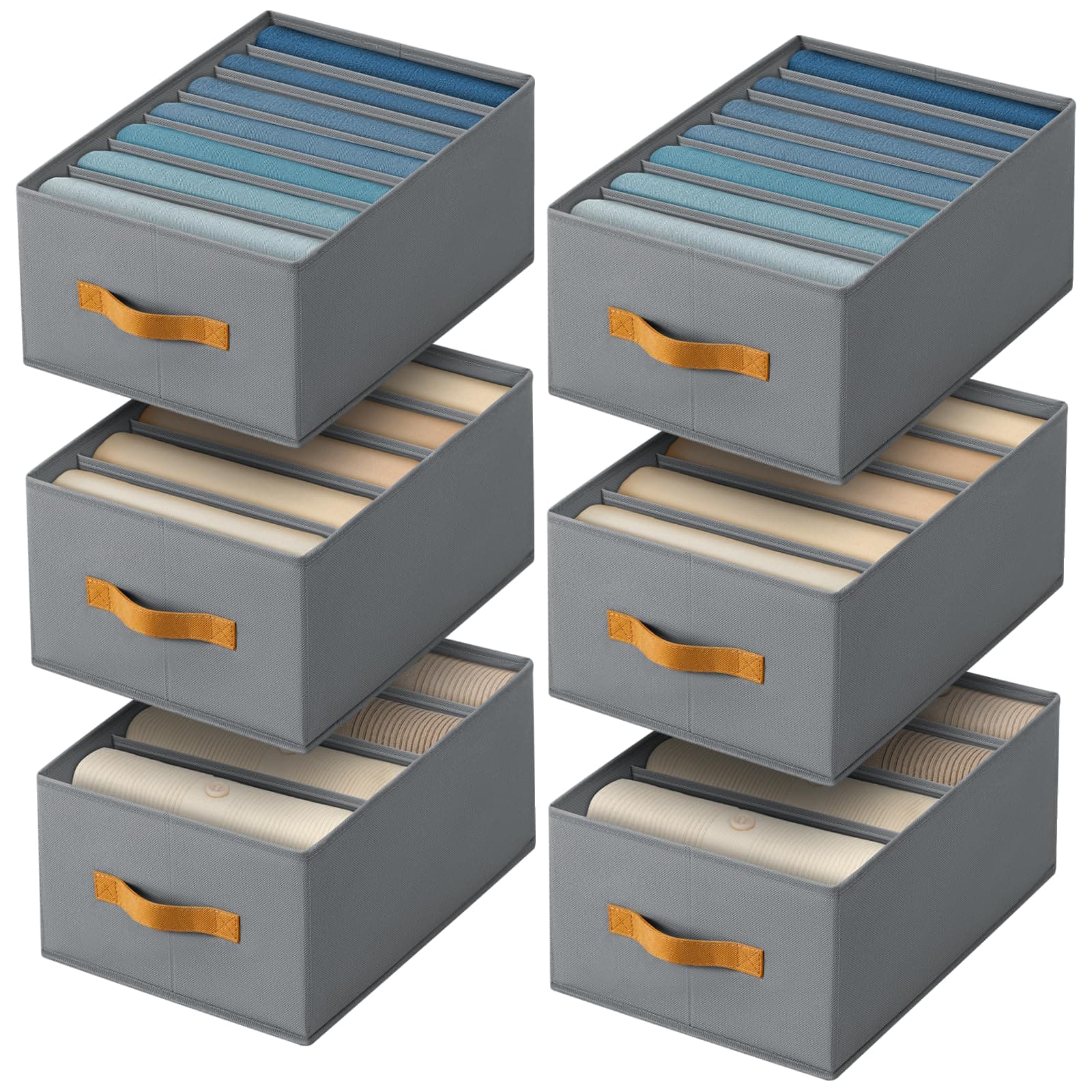 Dazzling Pops - Clothes Organizers and Storage - Fabric Jeans Organizer with Handles, Foldable Drawer Dividers for Clothes - Pale Grey 14in. 6 Pack(4/5/7 Grids)