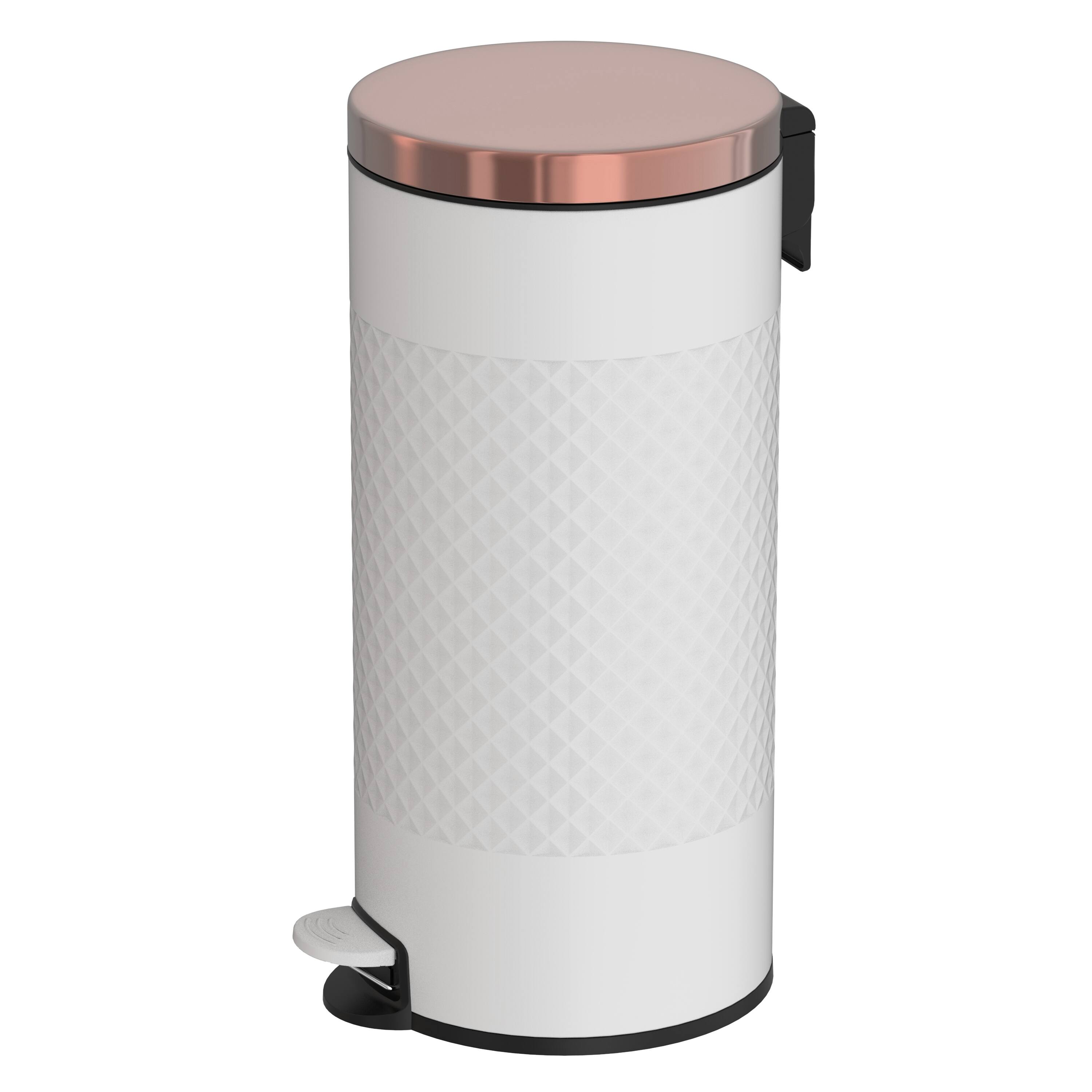 Angle. Innovaze - 8 Gallon / 30 Liter White Metal Step-On Trash Can, Diamond Texture, Kitchen & Home Use - White.
