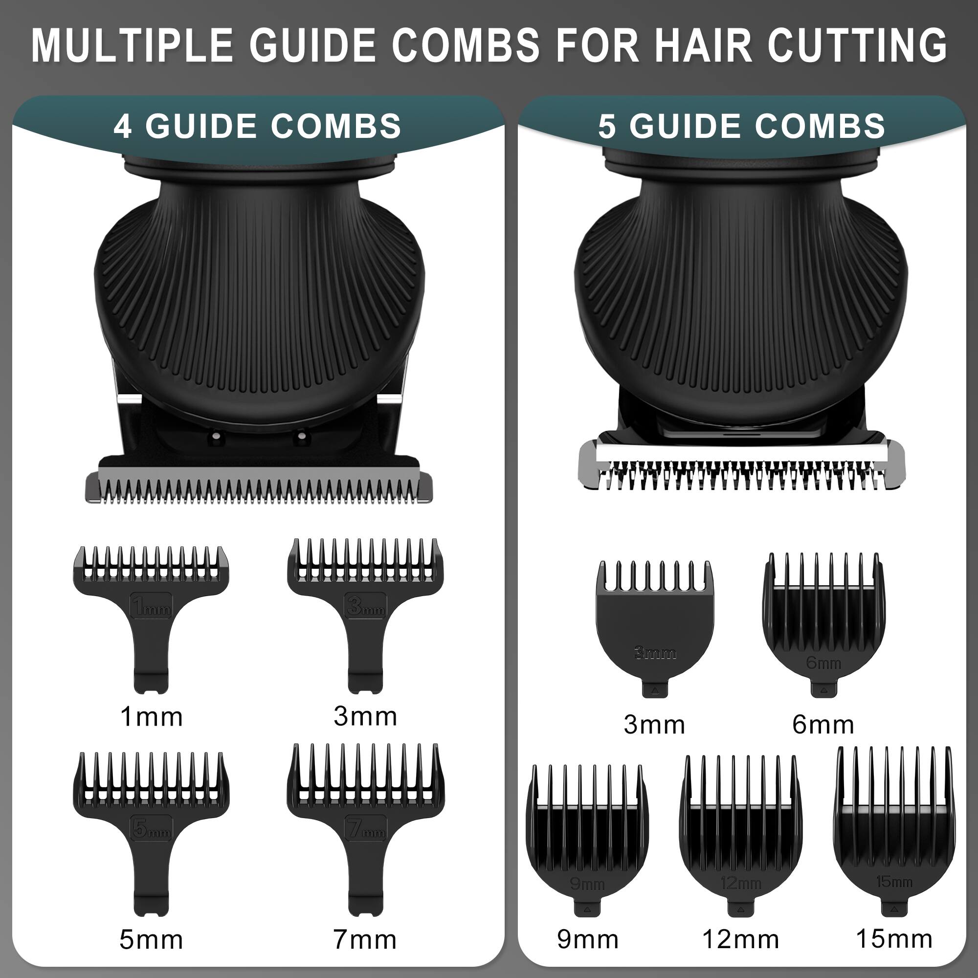 MULTIPLE GUIDE COMBS FOR HAIR CUTTING

4 GUIDE COMBS
1mm
3mm
5mm
7mm

5 GUIDE COMBS
3mm
6mm
9mm
12mm
15mm