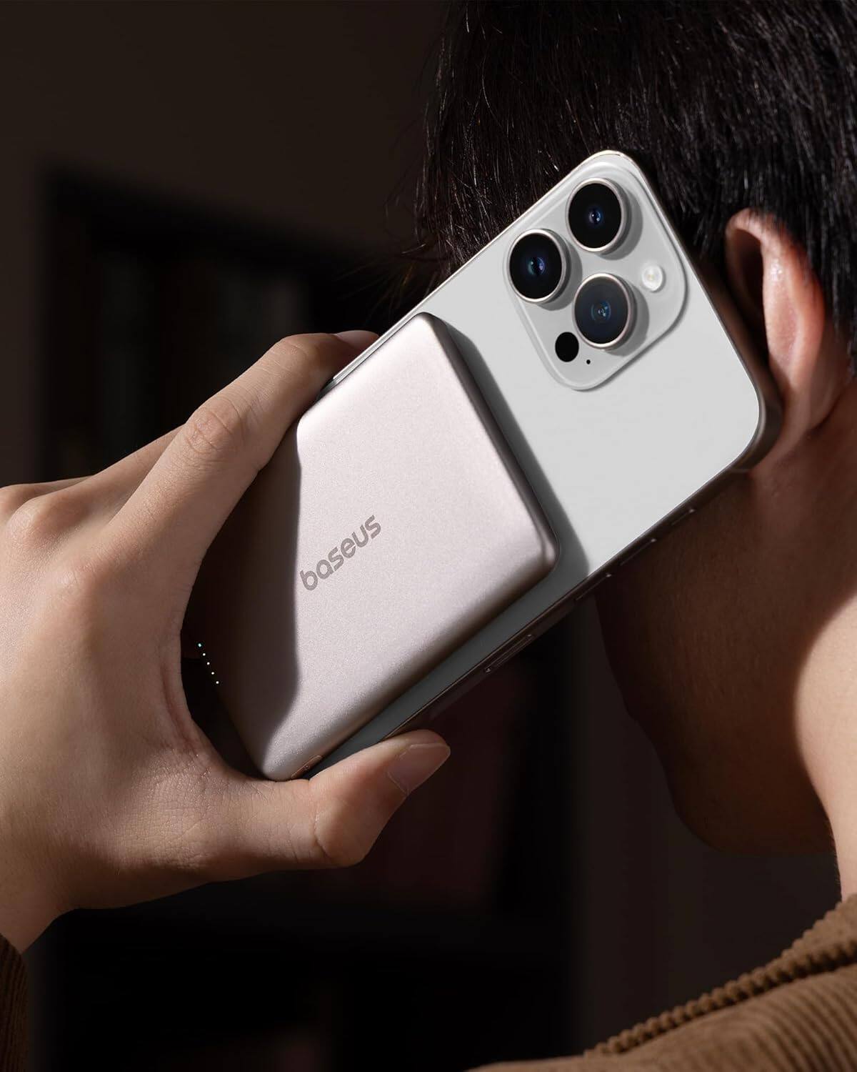 Alt View 5. Baseus - Baseus Picogo 5000mAh Ultra-Slim MagSafe Power Bank, Card-Size Wireless Charger with USB-C Braided Cable,Silver - Silver.