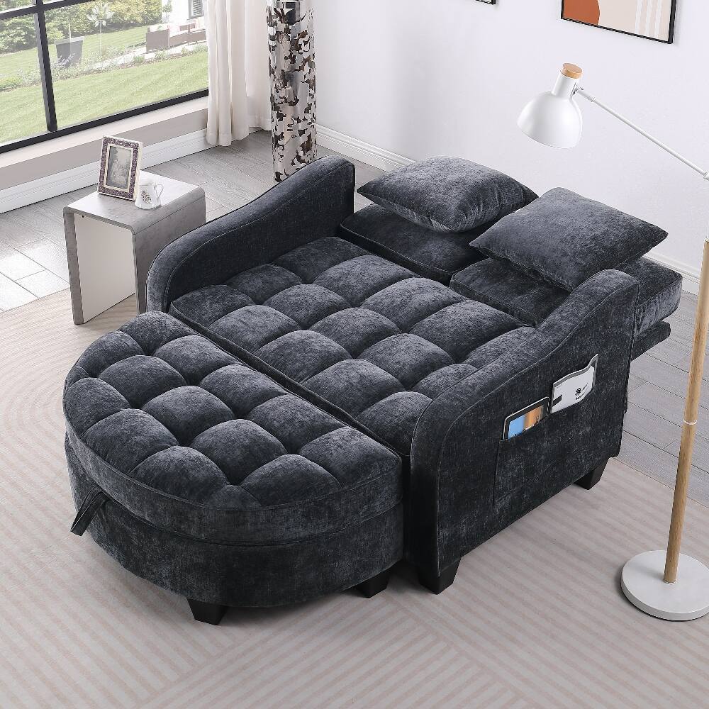 Angle. Loheer - Loheer 2-Seater Black Corduroy Sofa Recliner with Storage Footrest and Pillows for Living Room - Black.