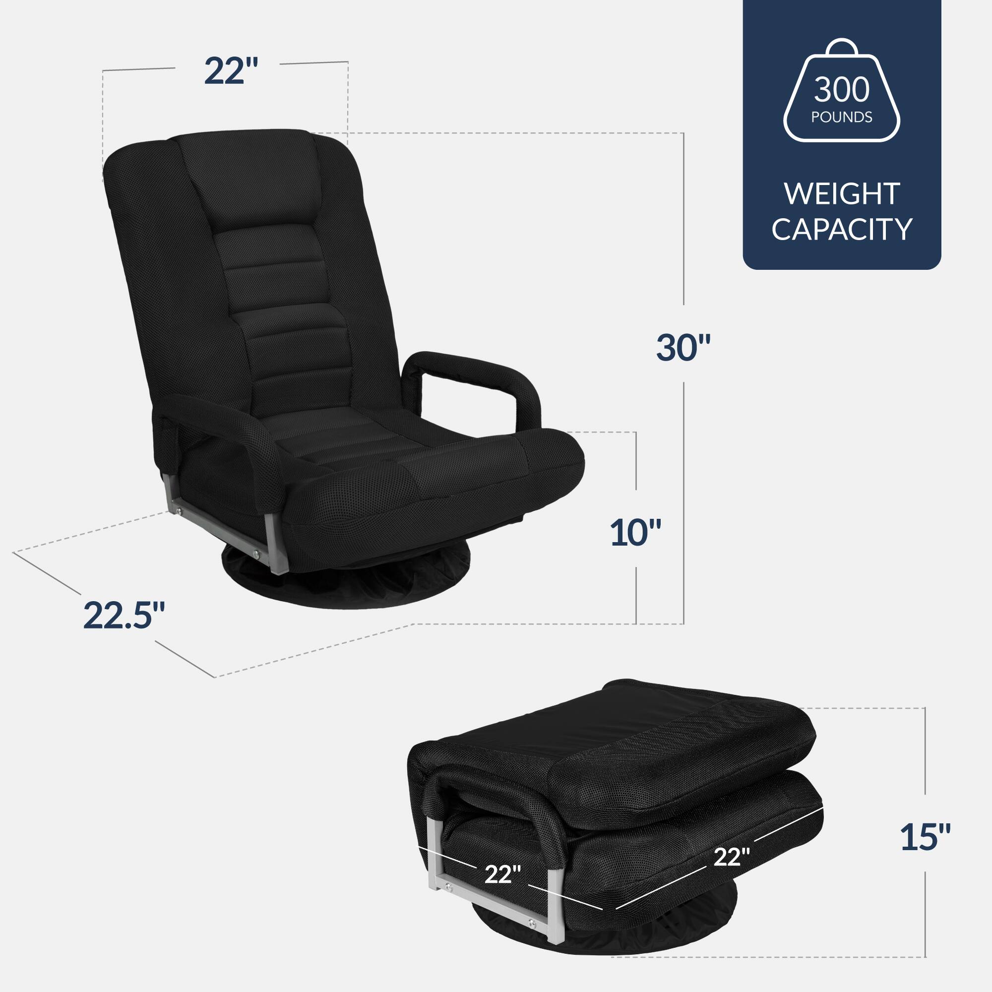 - 22" (width of the chair)
- 30" (depth of the chair)
- 10" (height of the armrest)
- 22.5" (depth of the seat)
- 15" (height of the footrest)
- 22" (width of the footrest)
- 22" (depth of the footrest)
- 300 pounds weight capacity