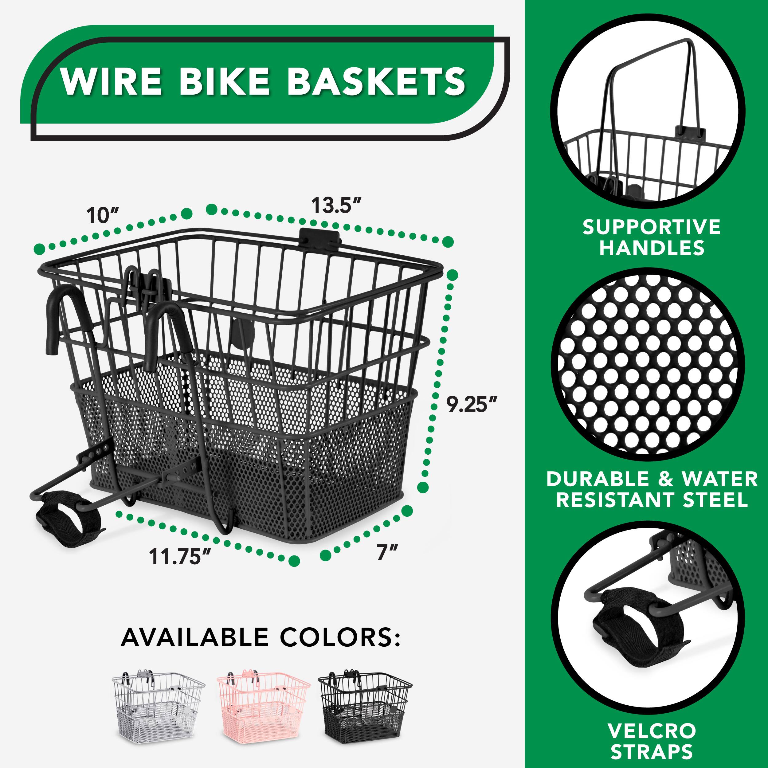 WIRE BIKE BASKETS
SUPPORTIVE HANDLES
DURABLE & WATER RESISTANT STEEL
VELCRO STRAPS
AVAILABLE COLORS: