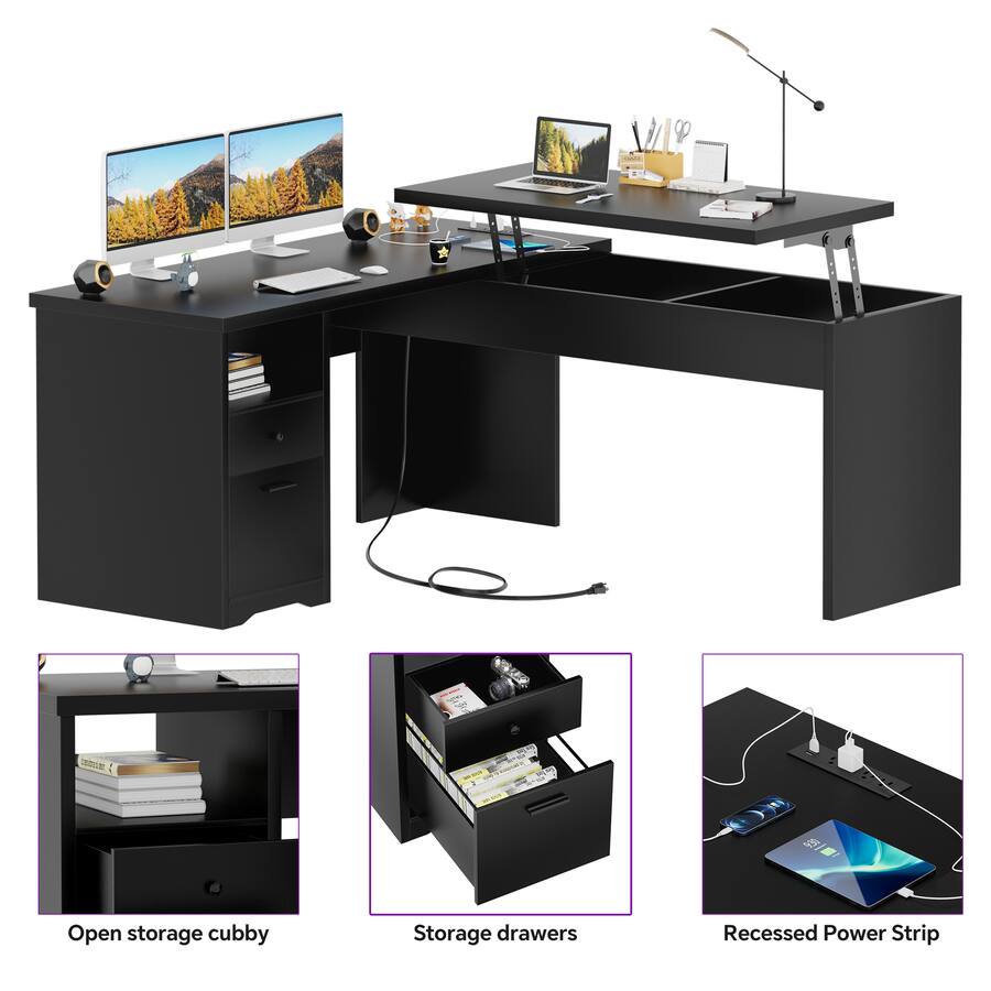 Drop Top Computer Desk Aheaplus 56'' Lift Top Computer Desk with Drawers and Power Outlets ...