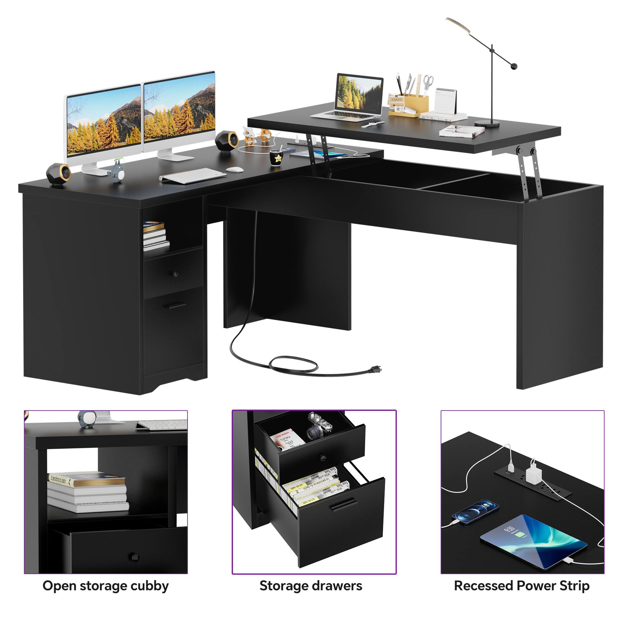- Open storage cubby
- Storage drawers
- Recessed Power Strip