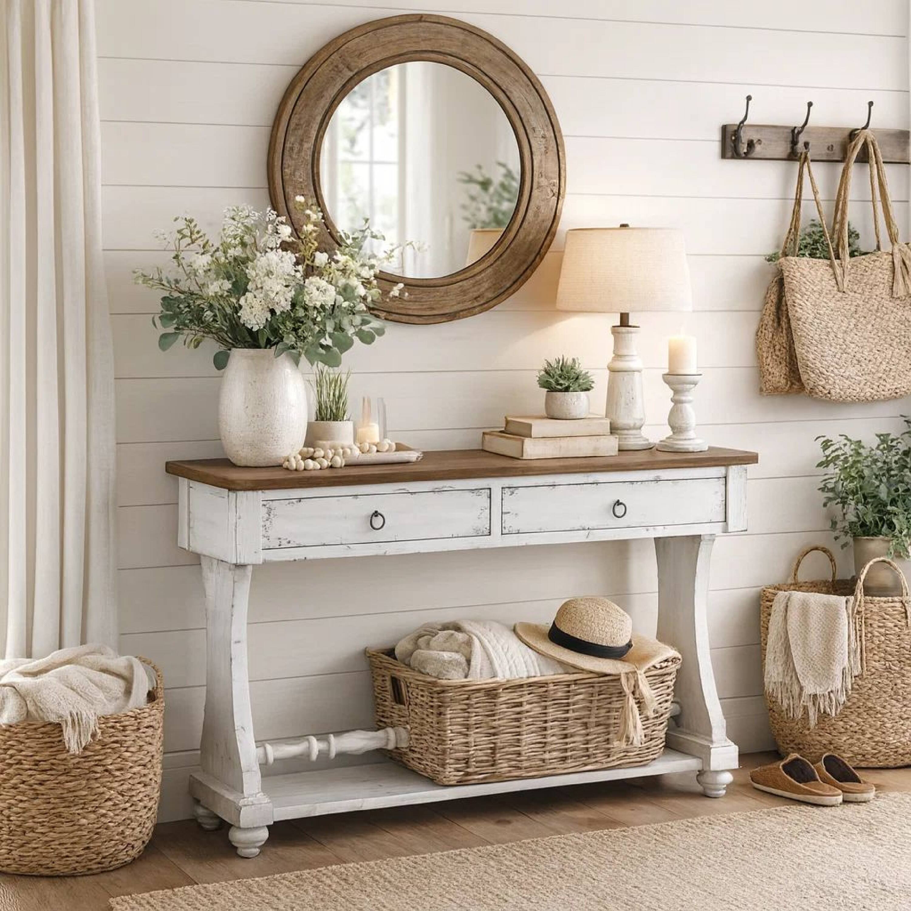 Alt View 5. Manhattan Lane - 48 Inch 2 Drawer Console Table, Ring Metal Handles, Distressed White - White, Brown.