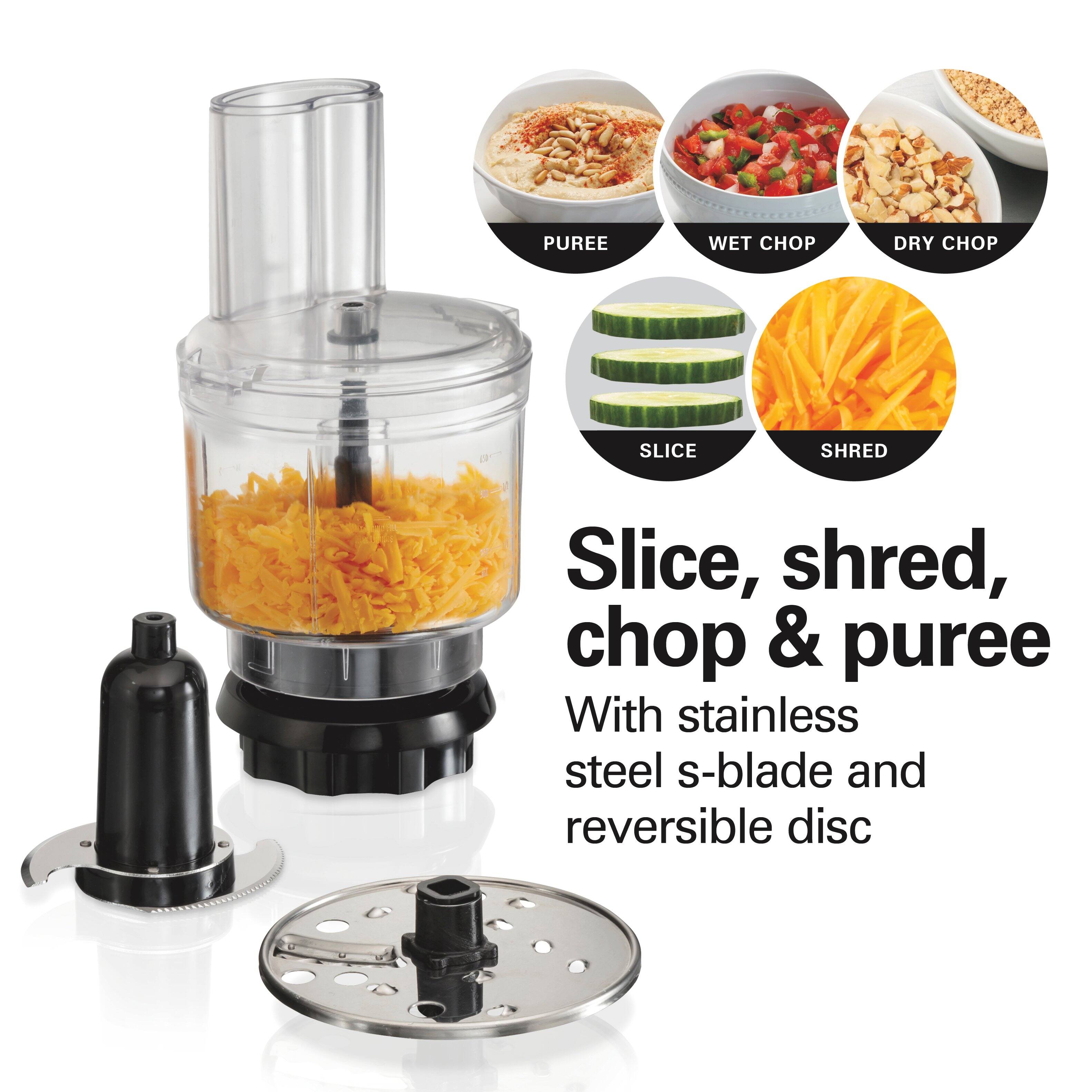 PUREE  
WET CHOP  
DRY CHOP  
SLICE  
SHRED  

Slice, shred, chop & puree  
With stainless steel s-blade and reversible disc