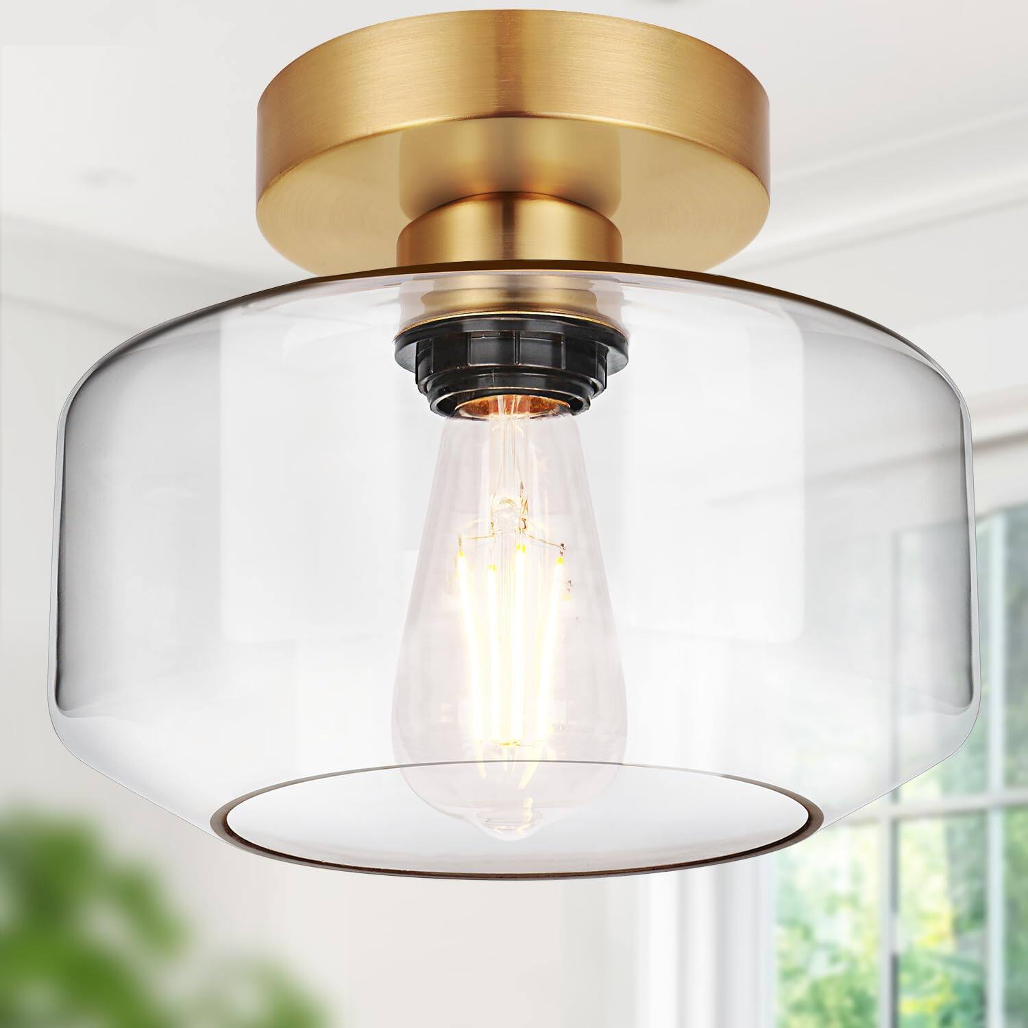 Front. Earthley Blooms - Industrial Semi Flush Mount Ceiling Light Oil Rubbed Bronze Lumen Led Bulb Included Clear Glass Shade Fixtu - Brushed Gold ($12 Bulb) - 2700K & 800LM.