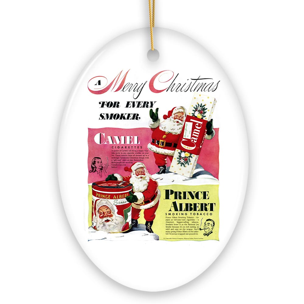OrnamentallyYou - Vintage Christmas Smoking Advertisement Ceramic Ornament 1940s Camel Cigarette Retro Collectible - Multi-colored