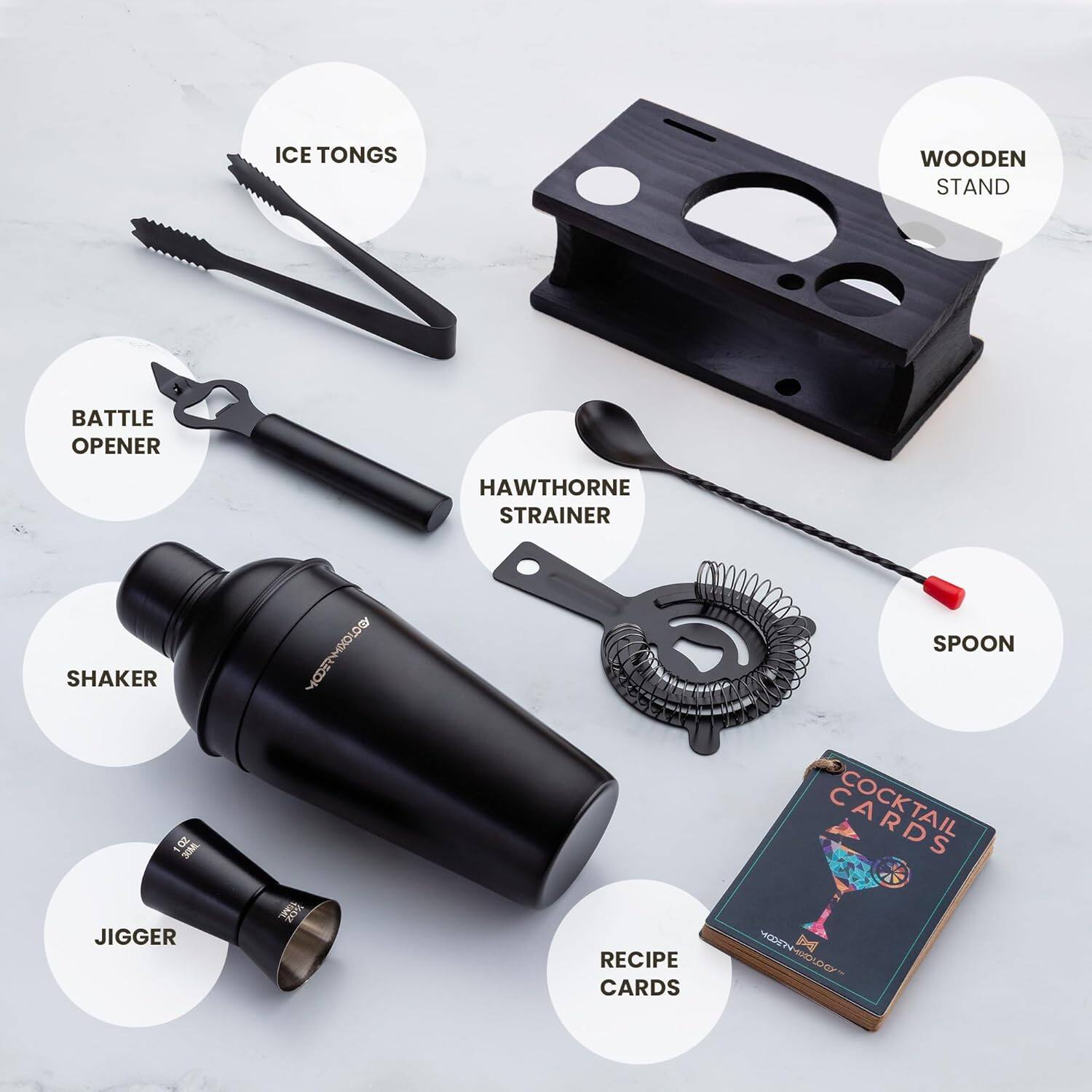 - ICE TONGS
- BATTLE OPENER
- HAWTHORNE STRAINER
- SPOON
- JIGGER
- RECIPE CARDS
- WOODEN STAND
- SHAKER