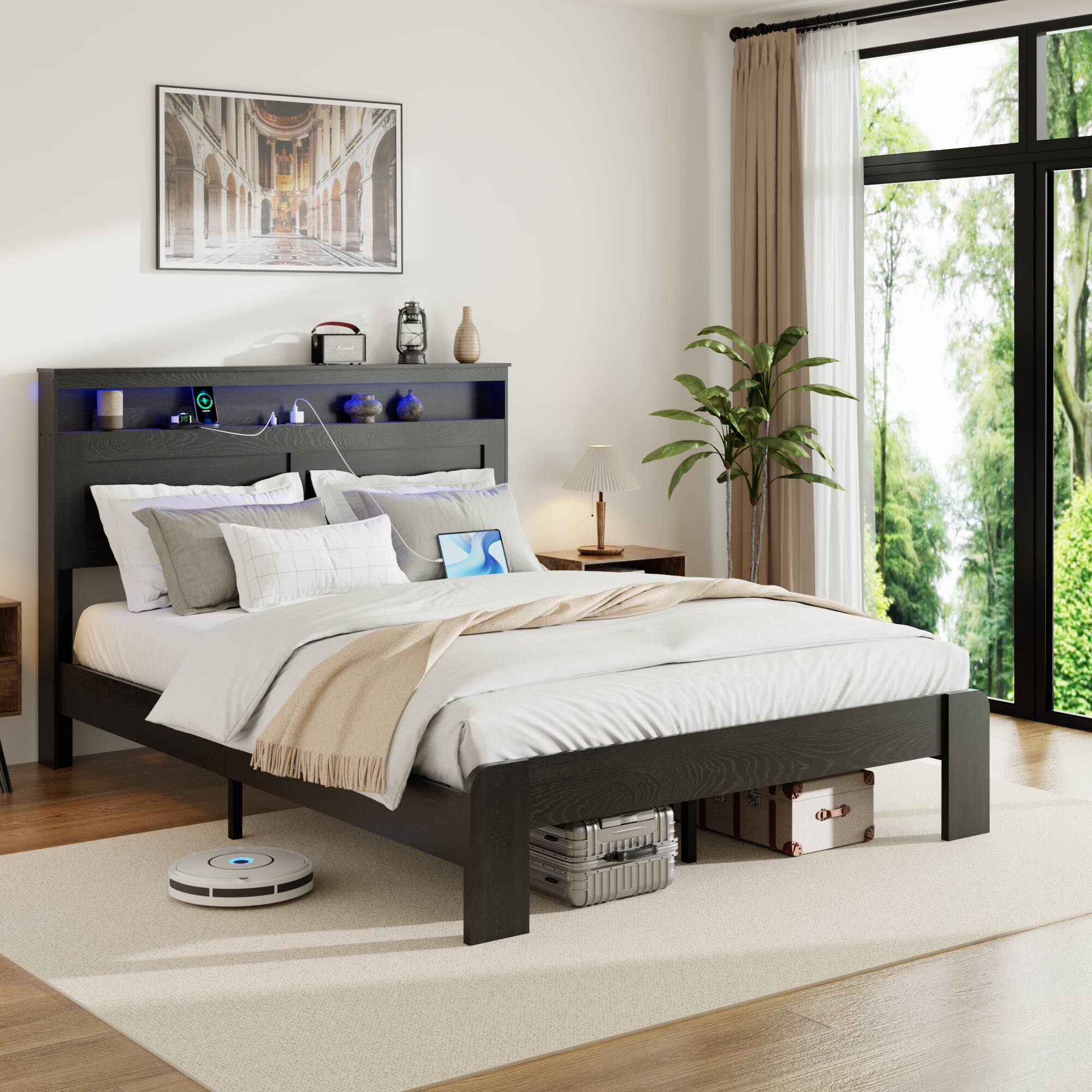 Left. LUCKY ONE - King Size Bed Frame with Storage LED Light Headboard - Black.
