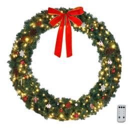 Winado - 60in Christmas Wreath Pre-Lit Artificial with LED Lights, Bows, Ornaments for Indoor Outdoor Holiday Party Decorations - Green
