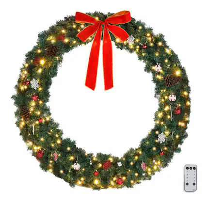 Front. Winado - 60in Large Pre-Lit Christmas Wreath with LED Lights and Bows for Outdoor Holiday Decoration - Green.