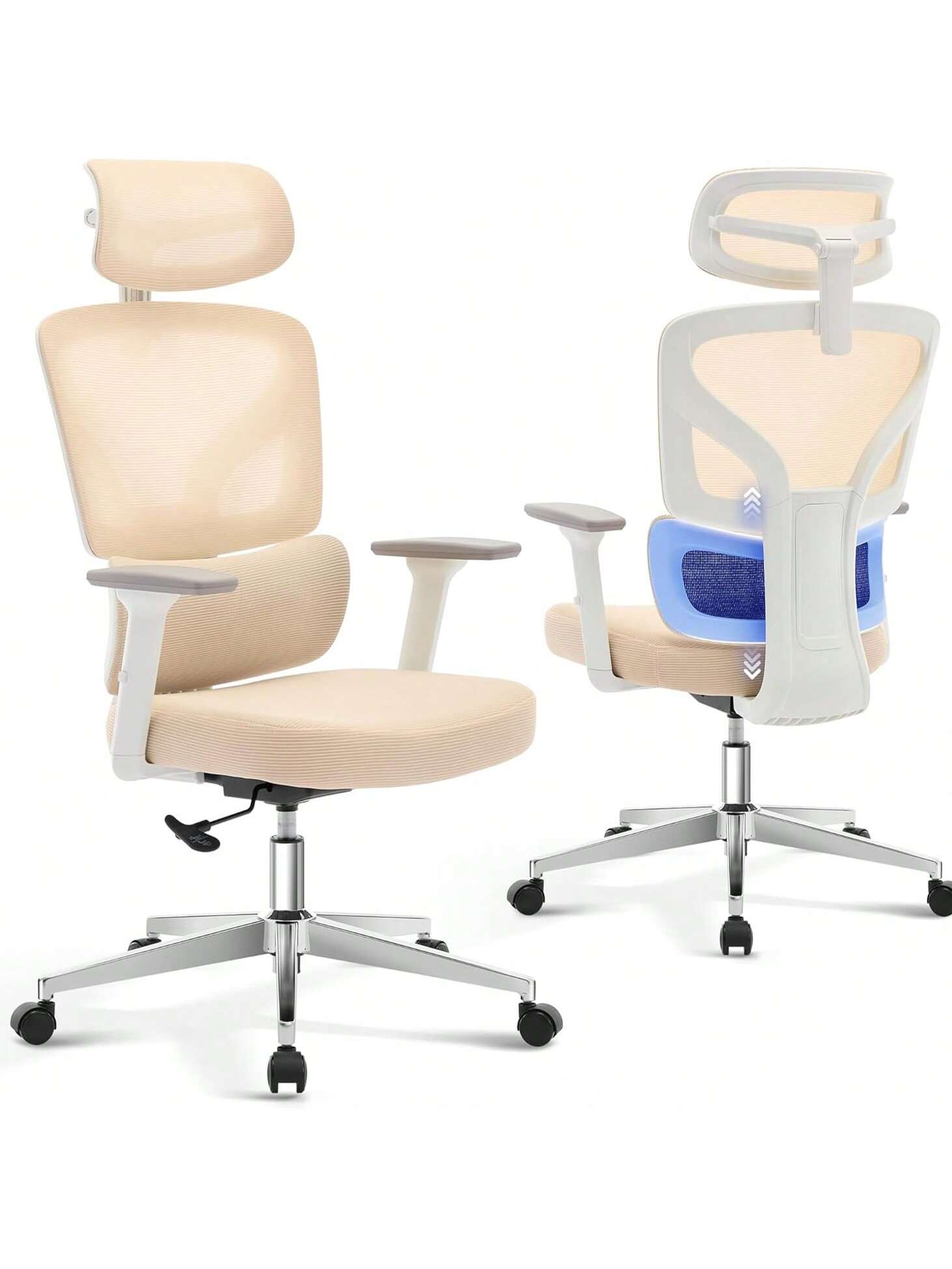 Front. GARVEE - Office Chair Ergonomic Desk Chair With Steel Plastic Chair Legs Home Mesh Office Desk Chair With Adjustable Lumbar - Beige-Steel Chair Legs.