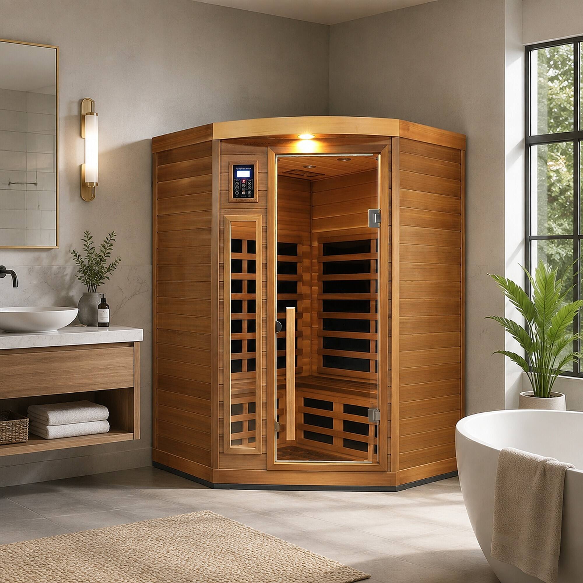 Back. RYHNUYNE - Low EMF 2 Person Far-Infrared Sauna, Red Cedar, Indoor Pentagonal Room, 8 Heating Panels, 1760W - Natural Wood.