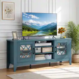 WELLFOR - Farmhouse TV Stand for TVs up to 65", Entertainment Center Console Table with Adjustable Shevles & Glass Door - Blue