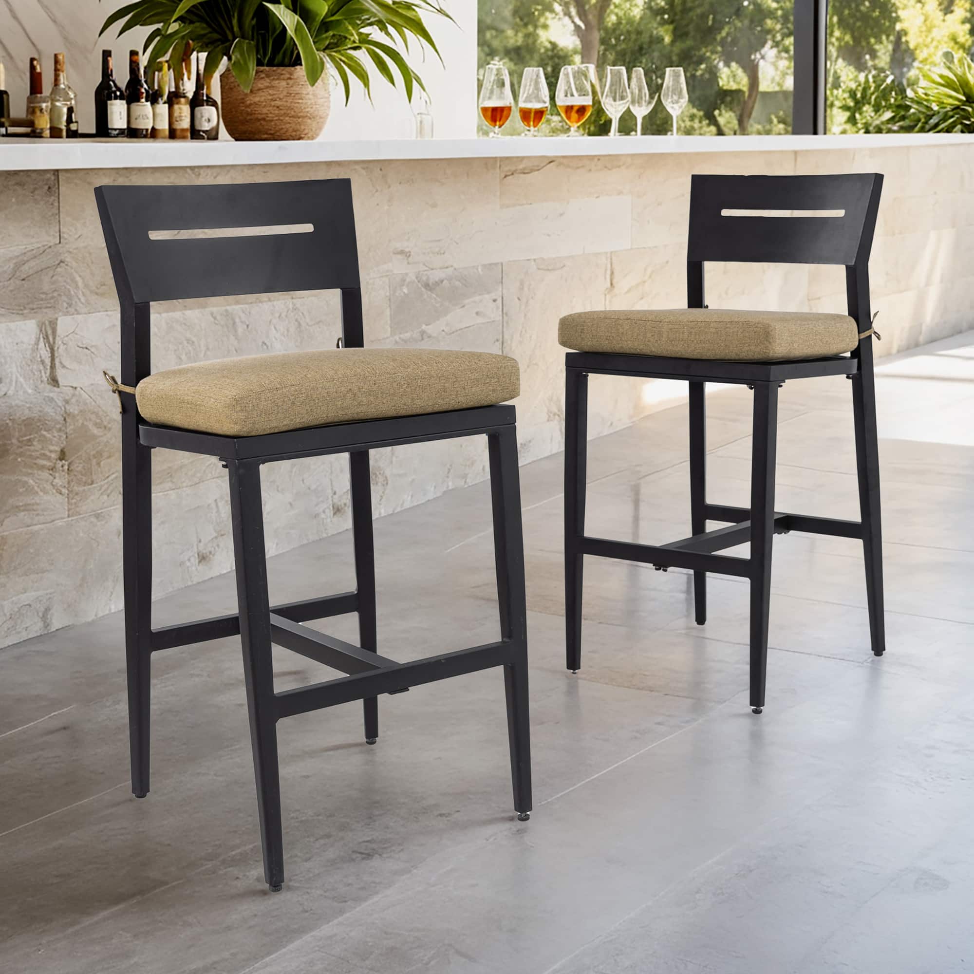 APRILSOUL - Modern Outdoor 2PC Bar Stools Aluminum Patio Ergonomic Backrest Tapered Legs Ember Black - White