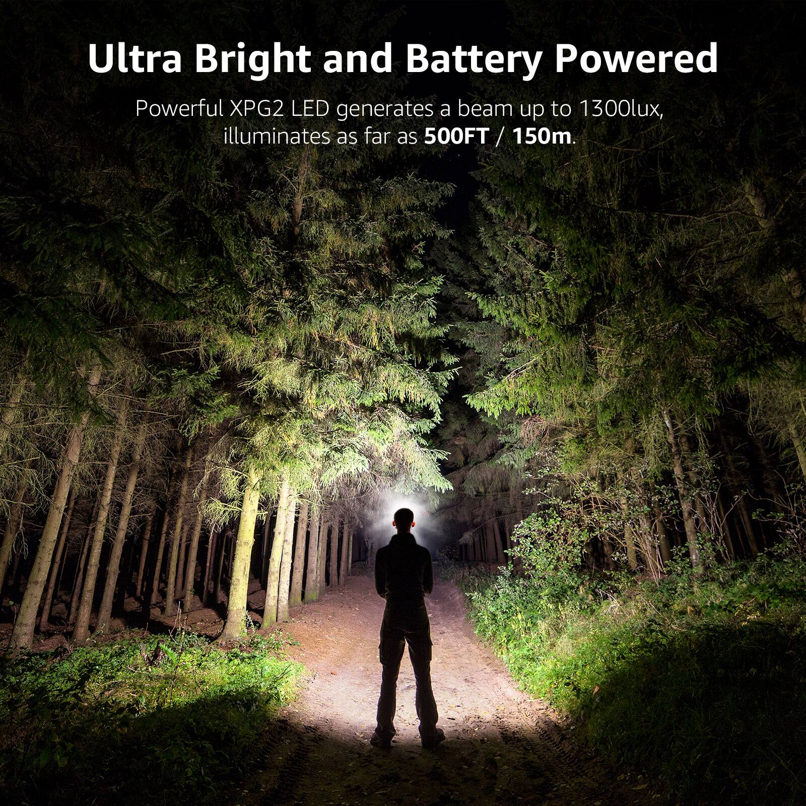 Ultra Bright and Battery Powered

Powerful XPG2 LED generates a beam up to 1300lux, illuminates as far as 500FT / 150m.