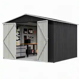 RYHNUYNE - 10x10 ft Large Metal Shed Galvanized Steel Sliding Doors Weatherproof Utility - Black
