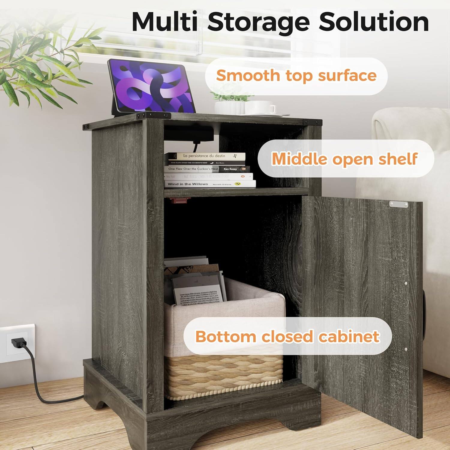 Multi Storage Solution  
Smooth top surface  
Middle open shelf  
Bottom closed cabinet
