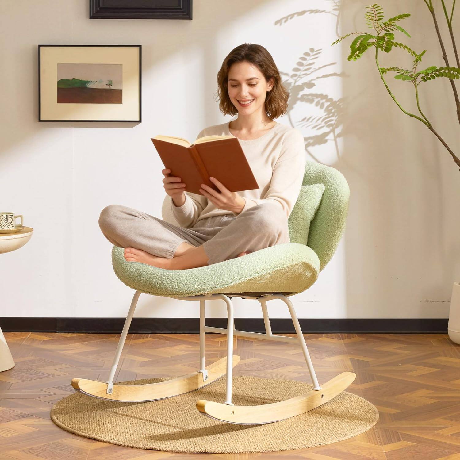 Winado - 25.6" Extra Wide Criss Cross Rocking Chair,Curved 115° Reclining Armless Glider w/Pillow & Solid Wood for Indoor Outdoor - Teddy-Seafoam Green