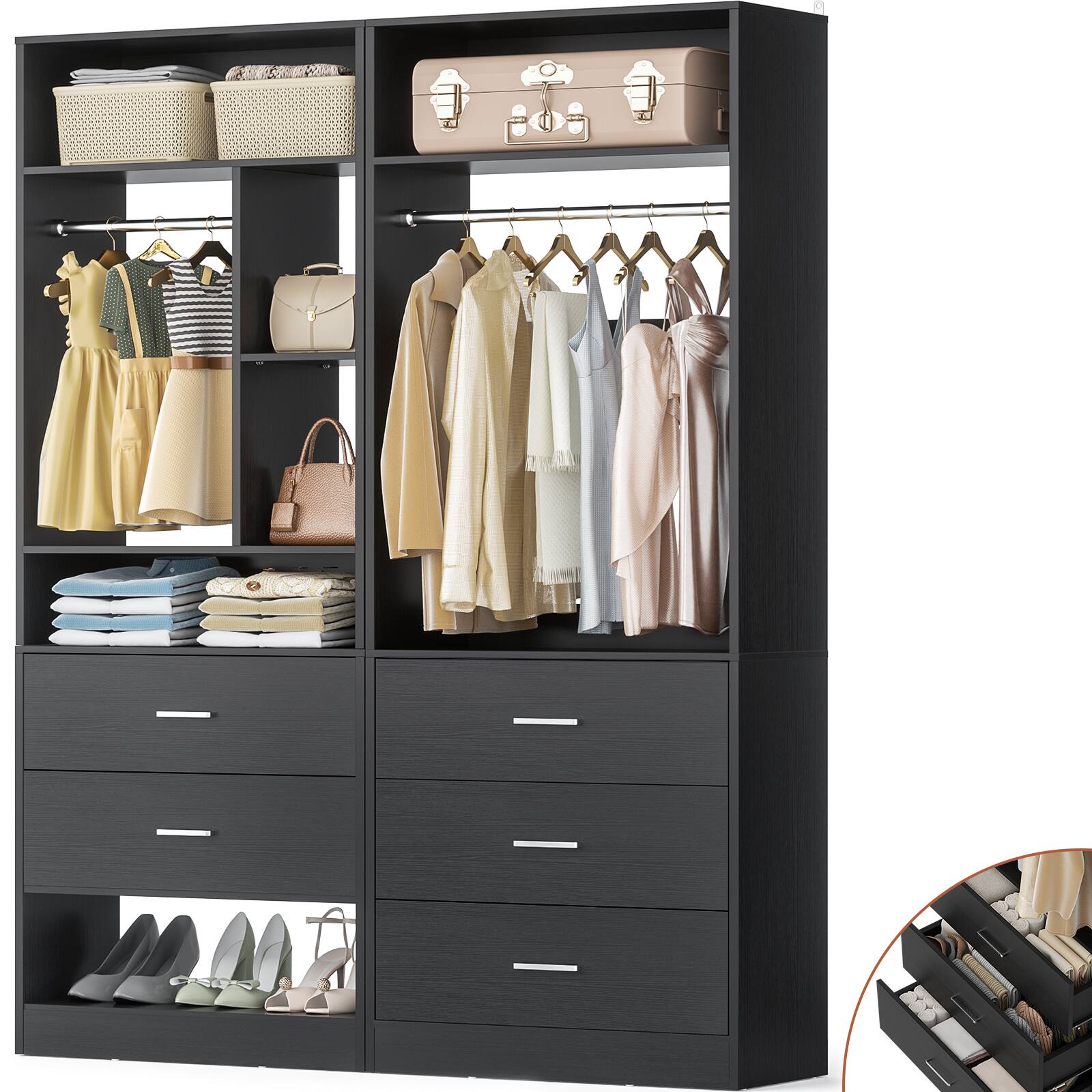 Angle. Aheaplus - Heavy Duty 48-Inch Walk-in Closet Organizer: 5 Wood Drawers, 2 Hanging Rods, 7 Shelves (48x15x80 in) - Black.