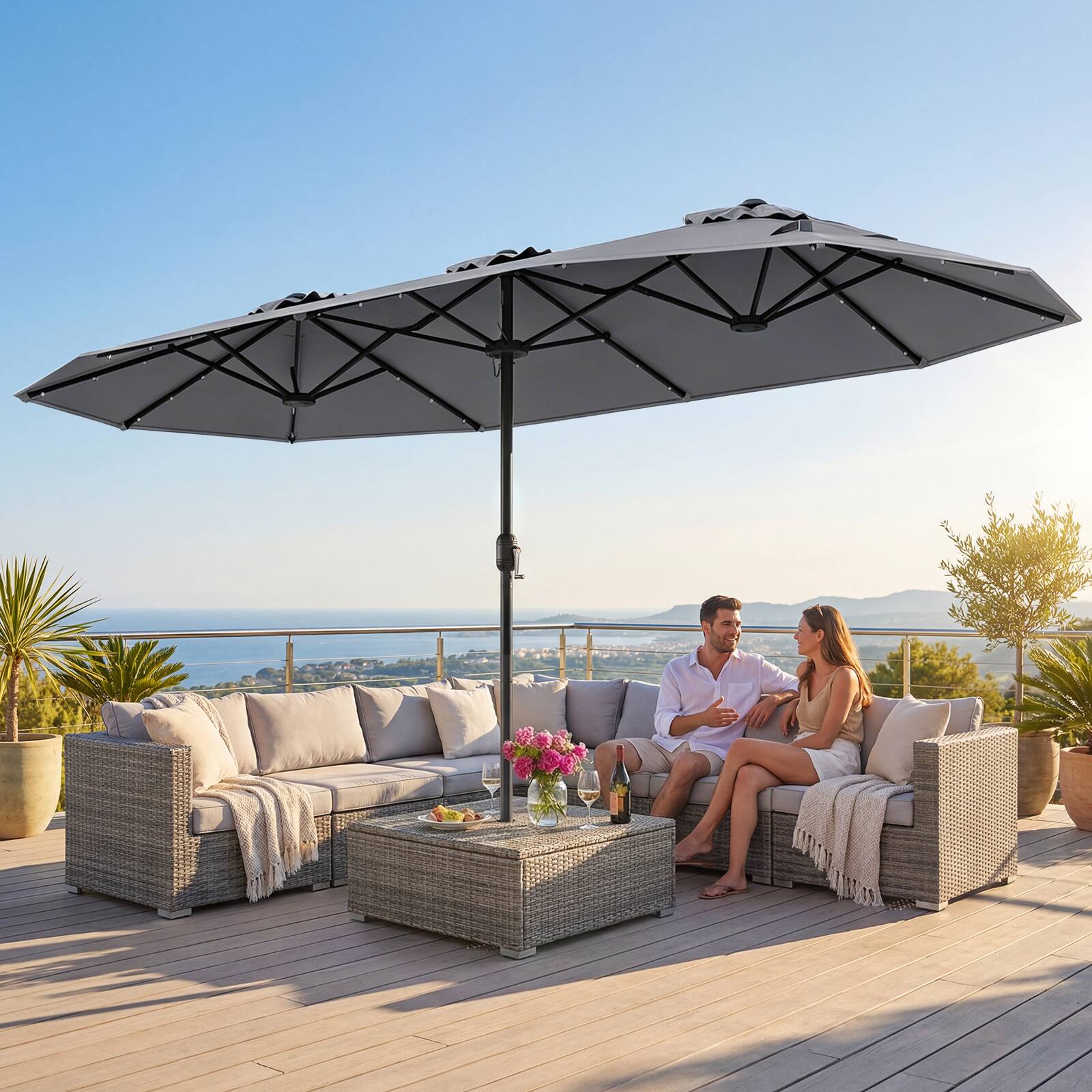 Alt View 3. Costway - Costway 13FT Double-sided Patio Umbrella with Solar Lights Crank Handle Umbrella Base - Gray.
